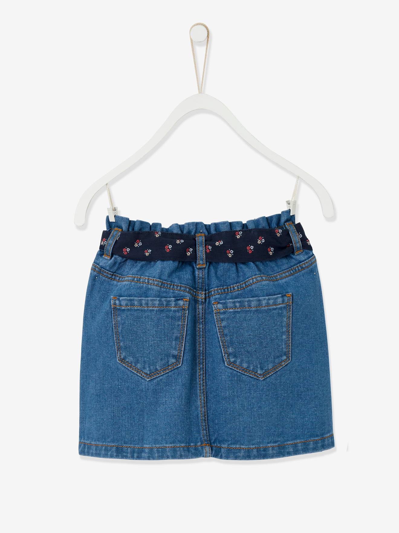 Saia jeans azul-escura com cintura alta e amarração para meninas