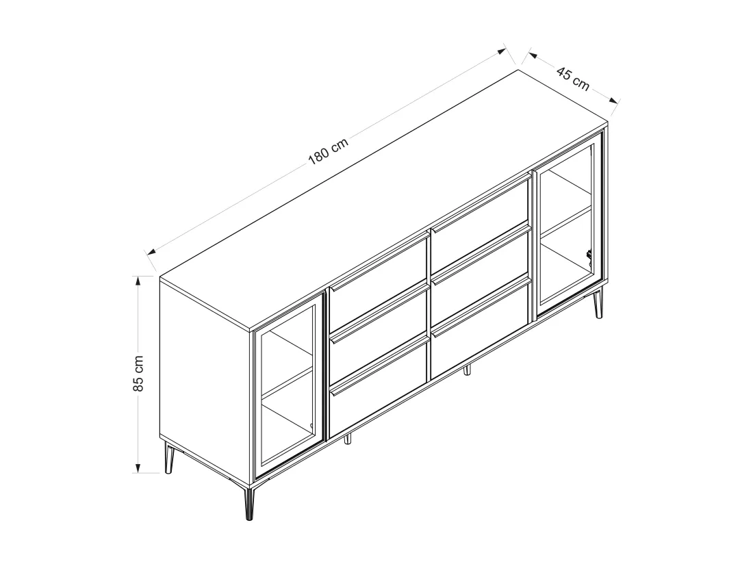 Buffet avec 2 portes en verre trempé et 6 tiroirs - Blanc et noir - MOLINIA
