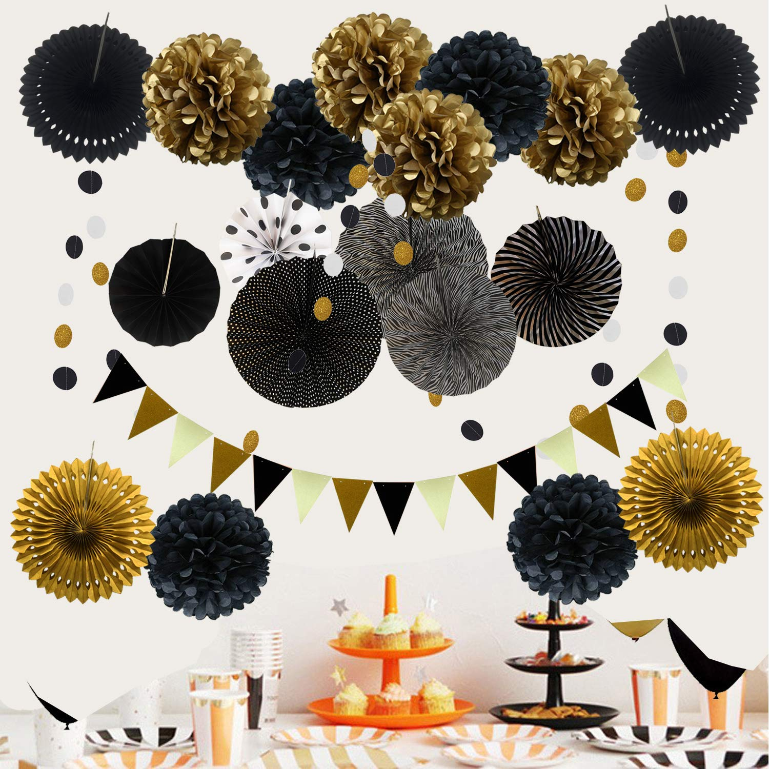 (20-tlg. Set) Papier Wimpelkette Fahnen Girlande Party Dekoration Pompon's / Rosetten - Schwarz / Gold