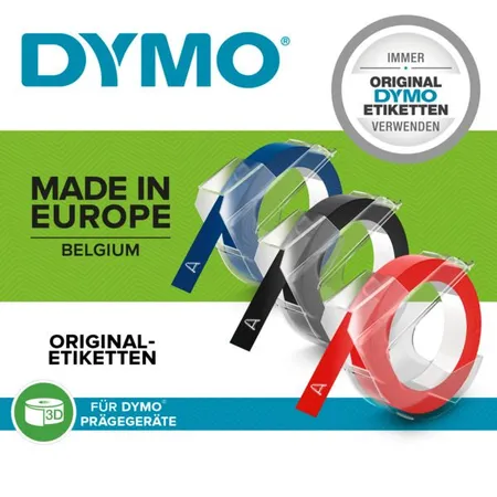 Dymo Prägeband glänzend, rot, blau, schwarz, 9 mm x 3 m, 3 Stück