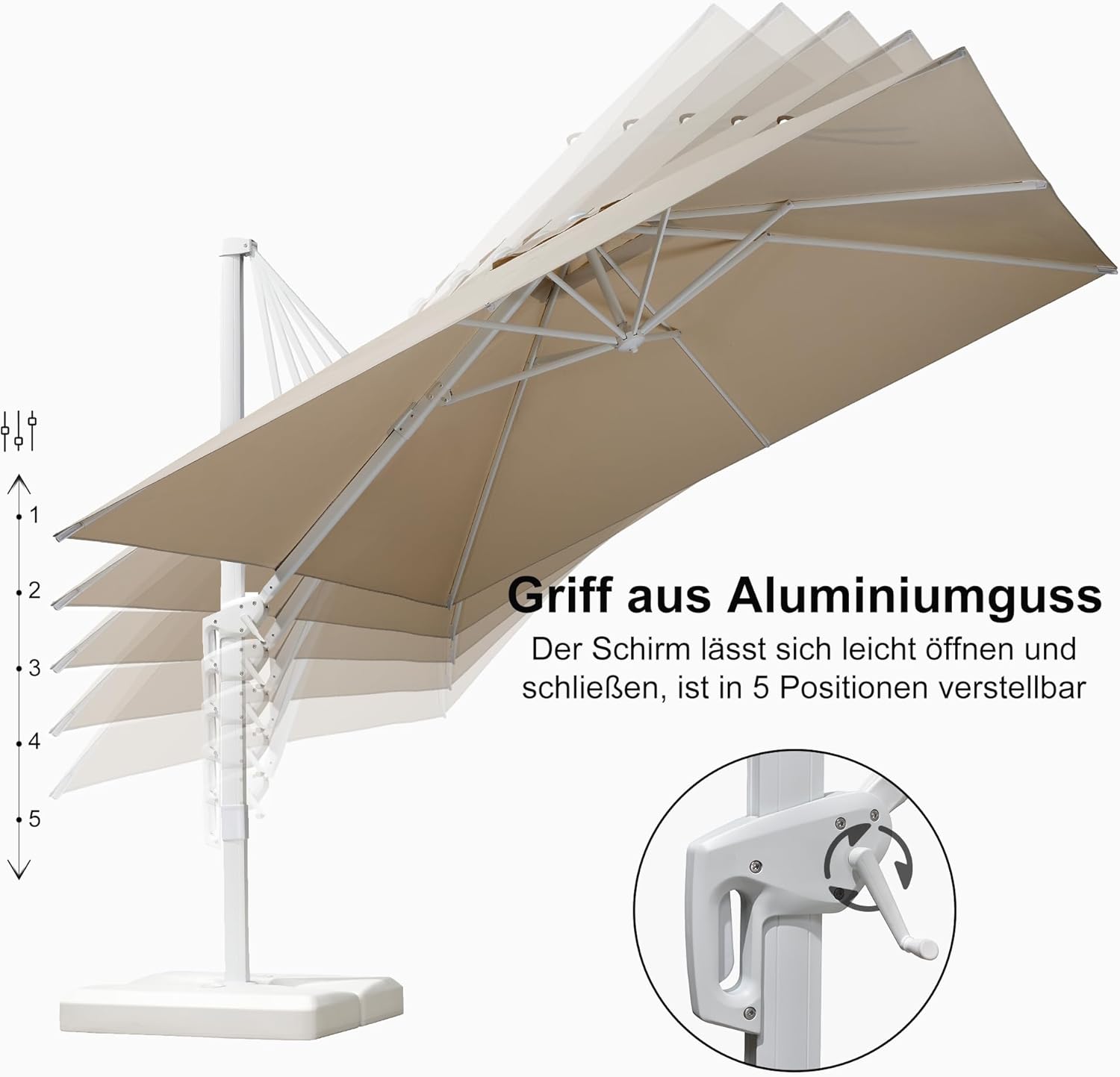 PURPLE LEAF Ampelschirm Rechteckig 300 x 400 cm, Sonnenschirm groß mit Kurbel, Aluminium Gestell in Weiß, 360° Drehbar, UV-beständig, für Garten Terrasse, Beige