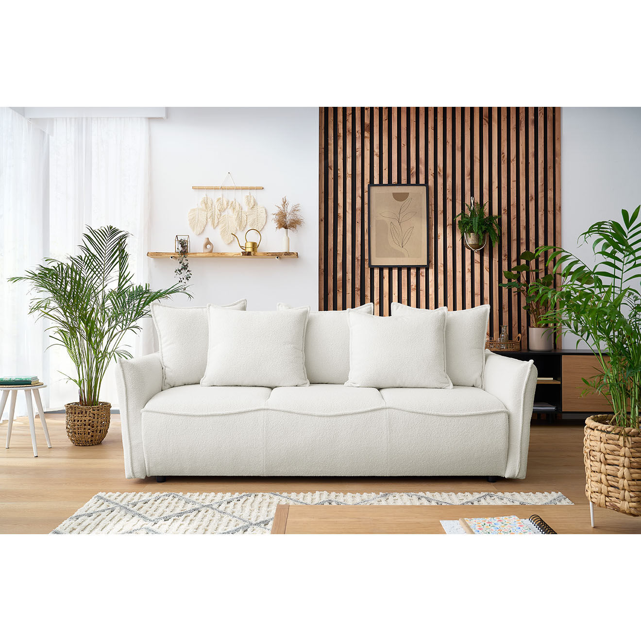 Bobochic Canapé 3 places convertible coffre Bouclette Leon blanc - 226x97x90 cm