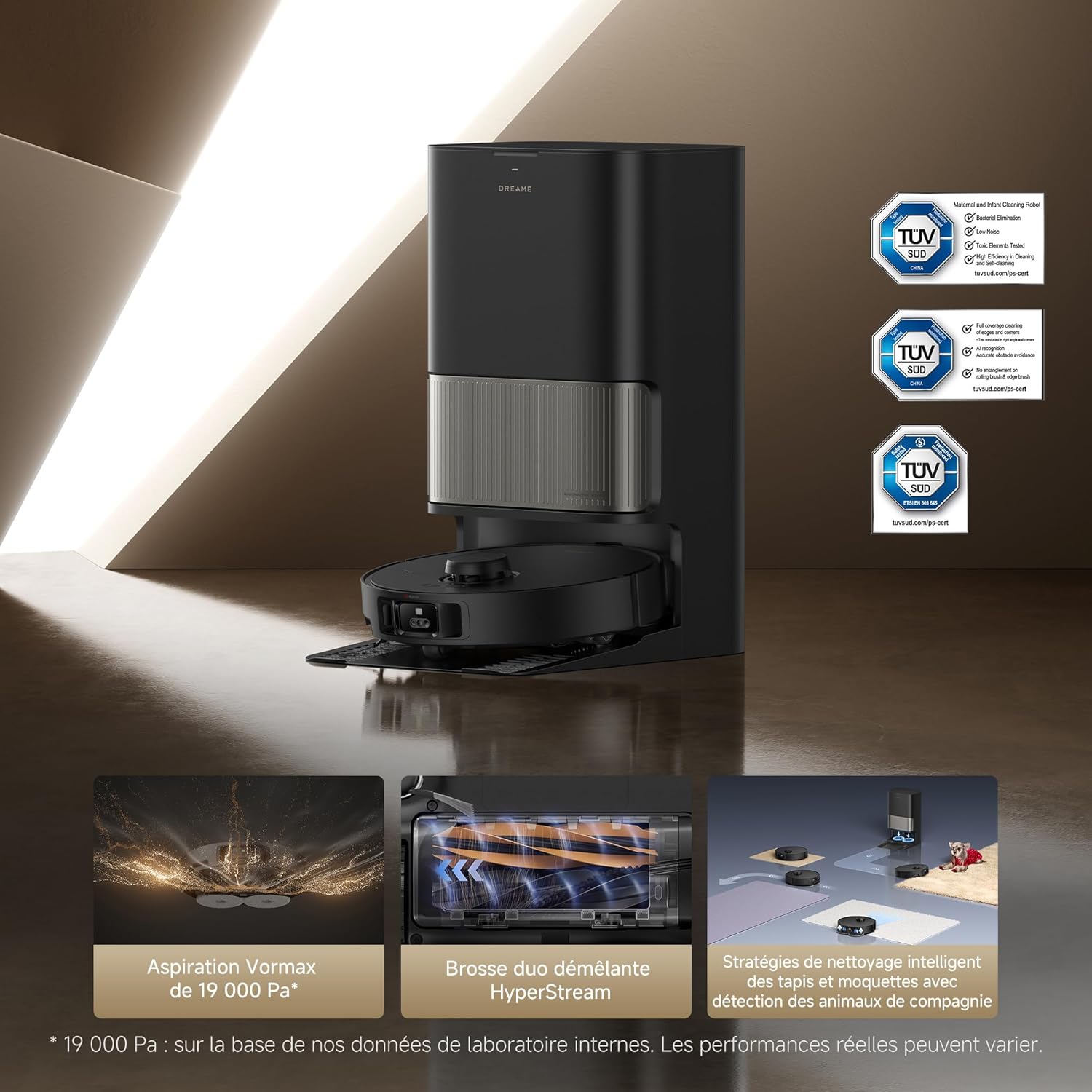 DREAME L40s Pro Ultra Robot Aspirateur, 19 000 Pa, Brosse Double HyperStream, Franchit 4 cm, Brosse latérale extensible et relevable, Nettoyage à la serpillière à l'eau chaude à 75°C,Auto-nettoyant3.0