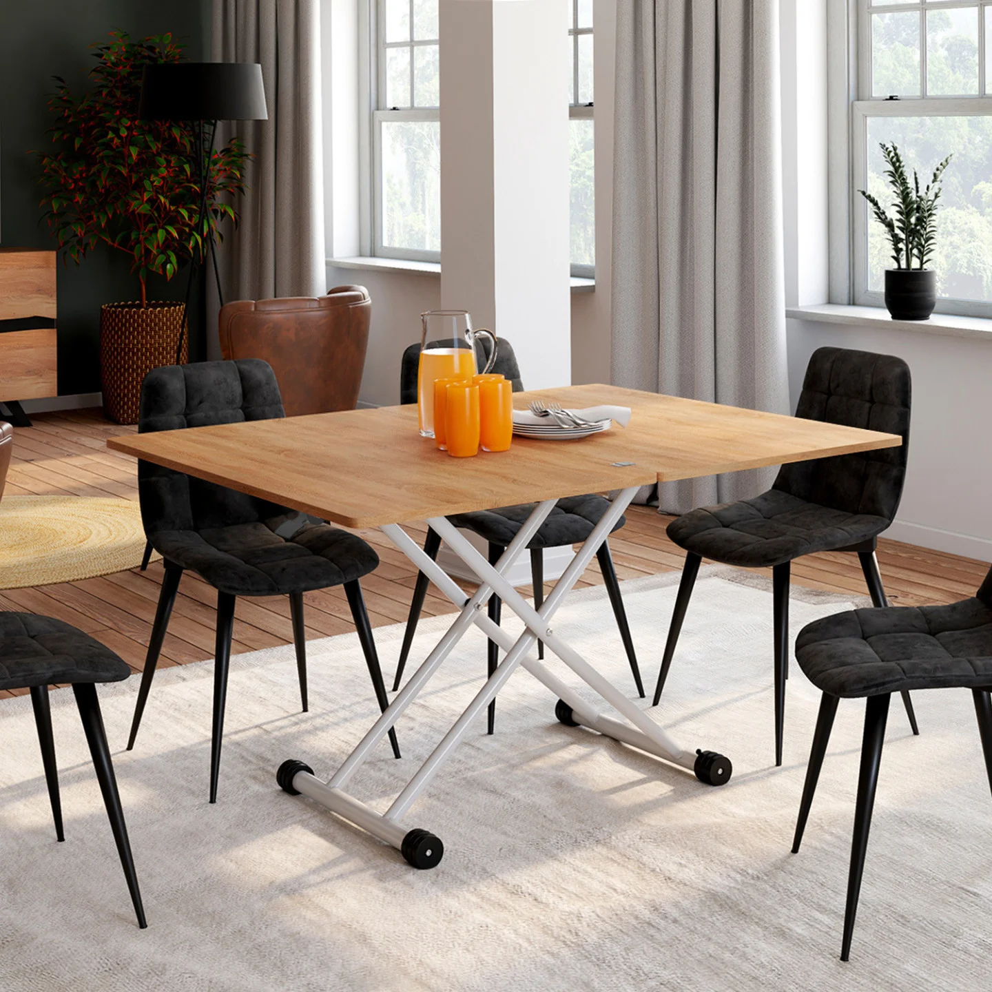 Table basse 2-en-1 relevable en table à manger 6-8 personnes plateau portefeuille URBANA plateau façon hêtre pied blanc