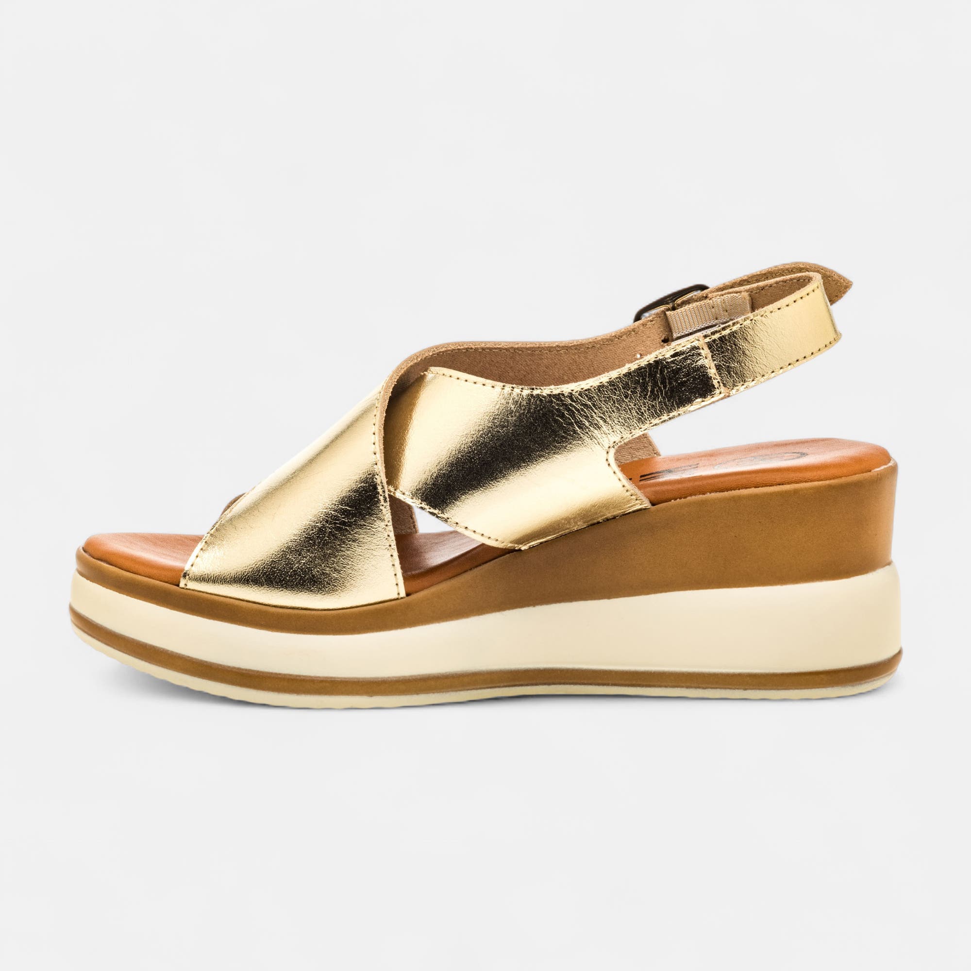 Nu-pieds à talon compensé Femme en cuir or