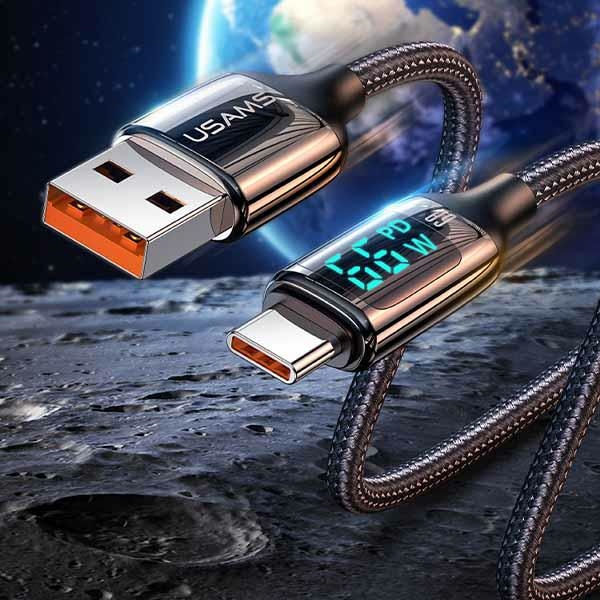(1.2m) 66W USB C auf USB C Nylon Ladekabel Fast Charging PD Datenkabel mit Spannungs Anzeige (USA001035) - Silber