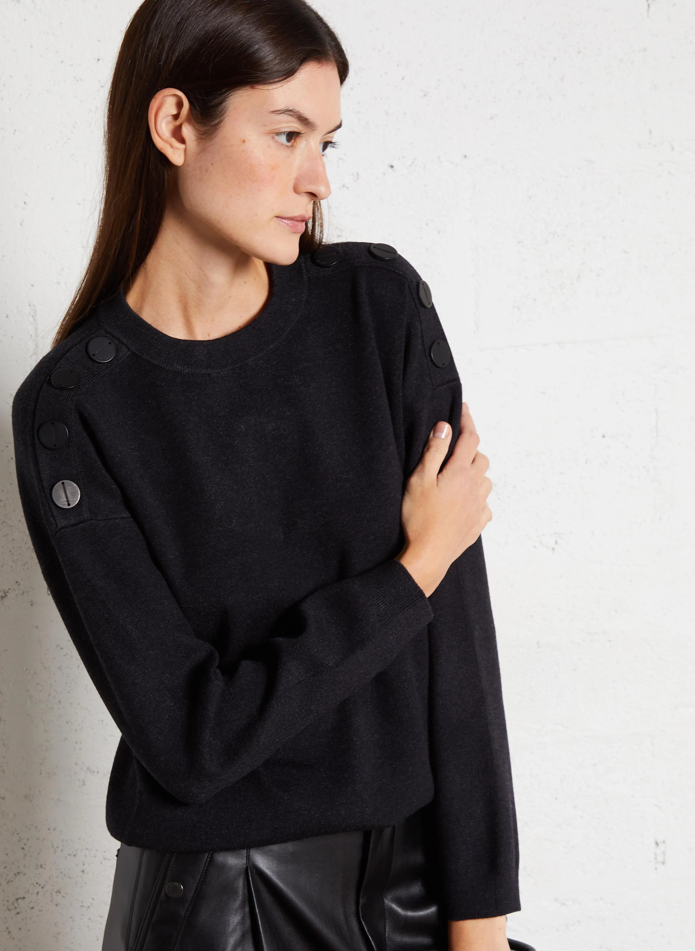 Pull droit col rond en maille mélangée | Gris