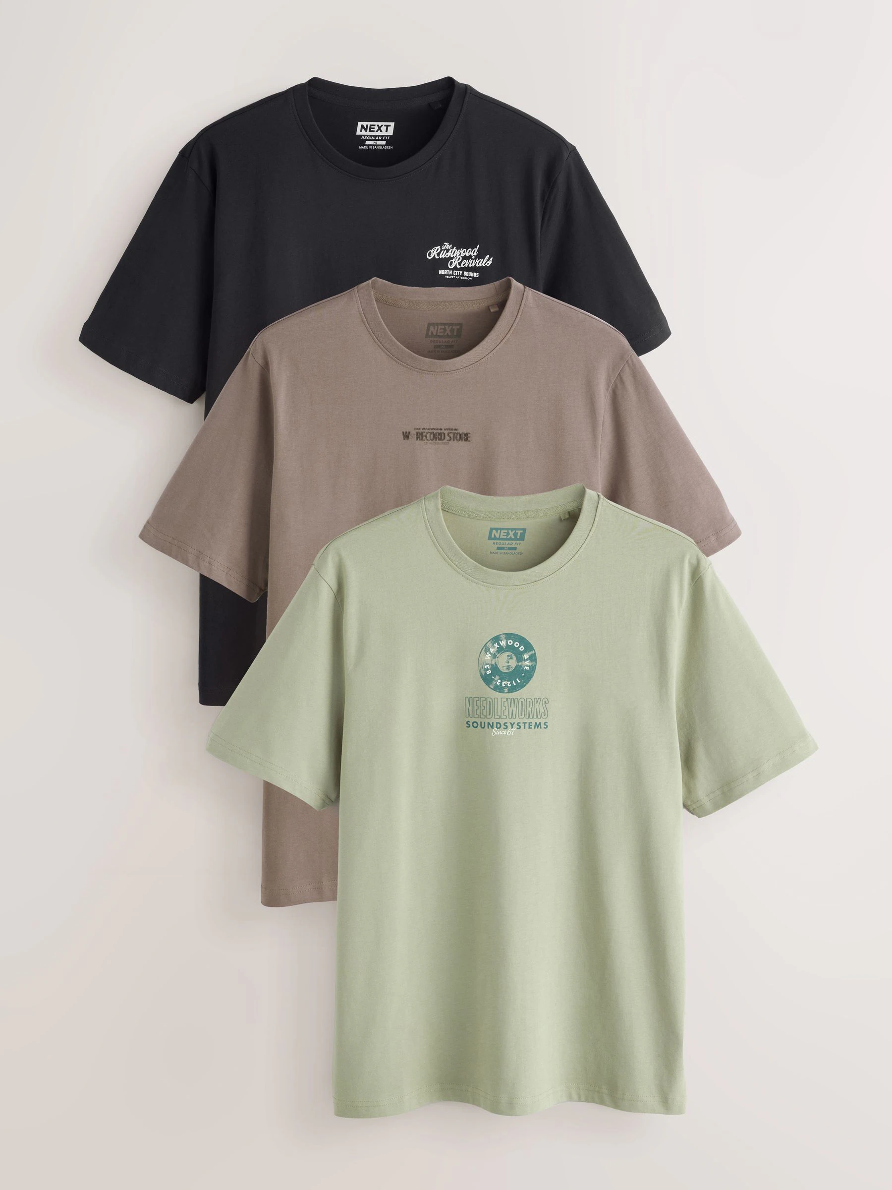 Zwart/Naturelkleurig/Groen - Normale Pasvorm - Set van 3 T-shirts met print