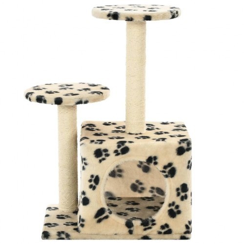 Arranhador bege para gatos com estampa de sisal e pegadas.