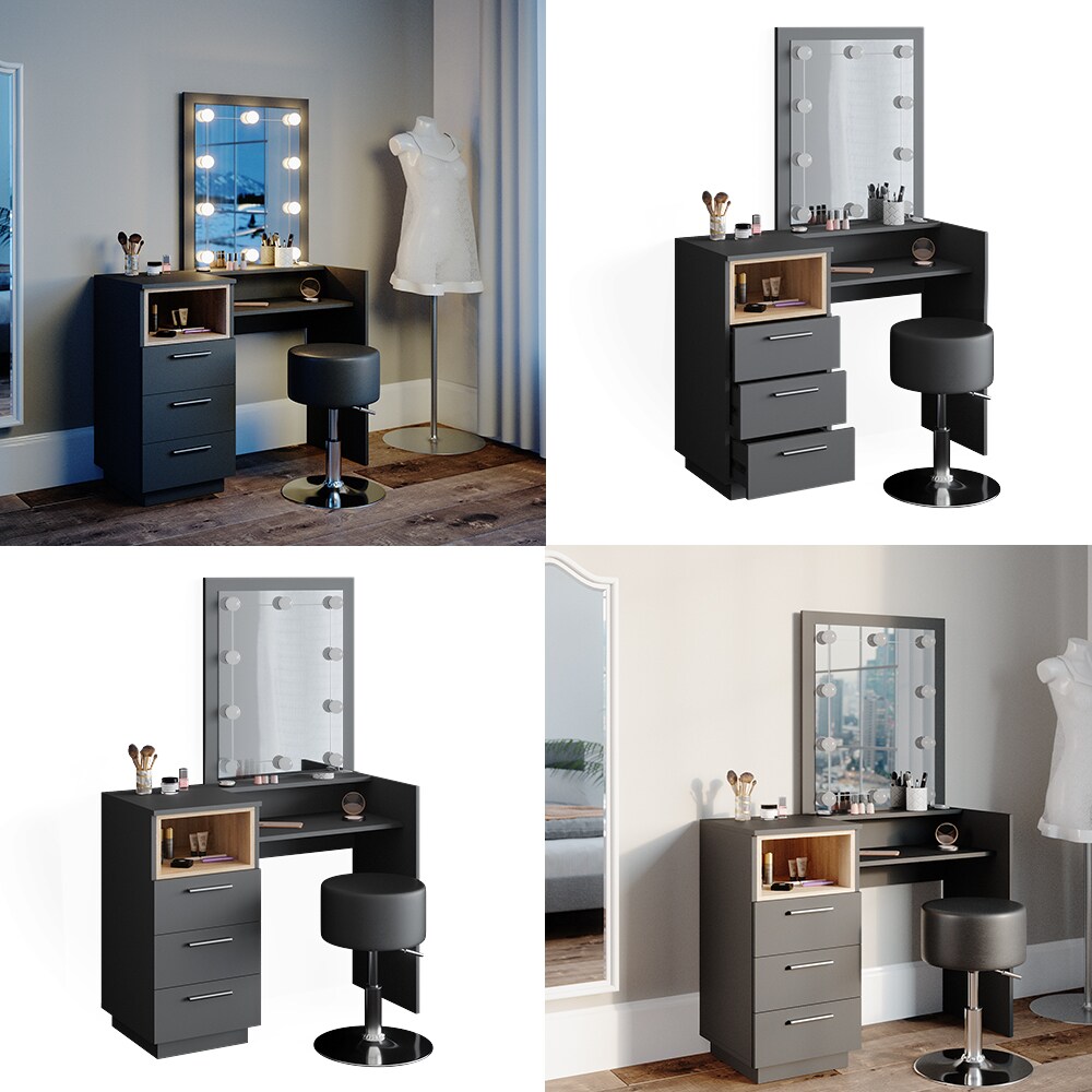 Vicco Schminktisch Frisiertisch Frisierkommode Beatrice anthrazit LED Hocker Set