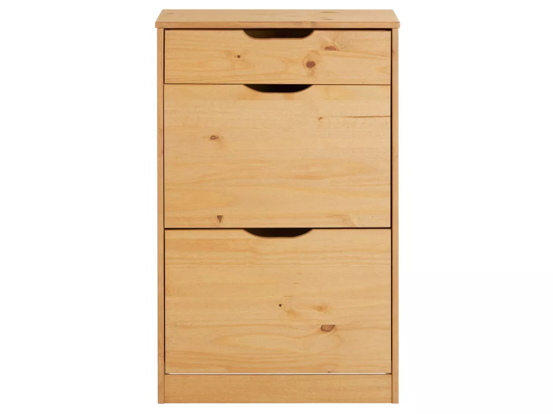 Meubles à chaussures BASIL rangement armoire avec 2 abattants et 1 tiroir, en pin massif lasuré brun