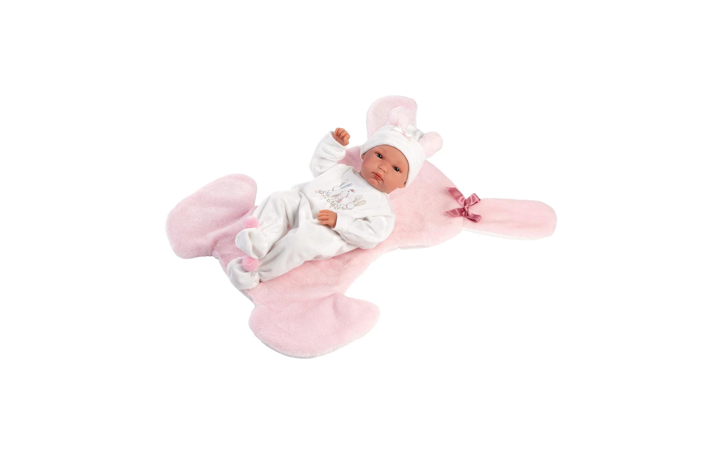 Babypuppe Bimba rosa mit Hasendecke 35 cmNew Born Puppe, komplett aus zartem Vinyl