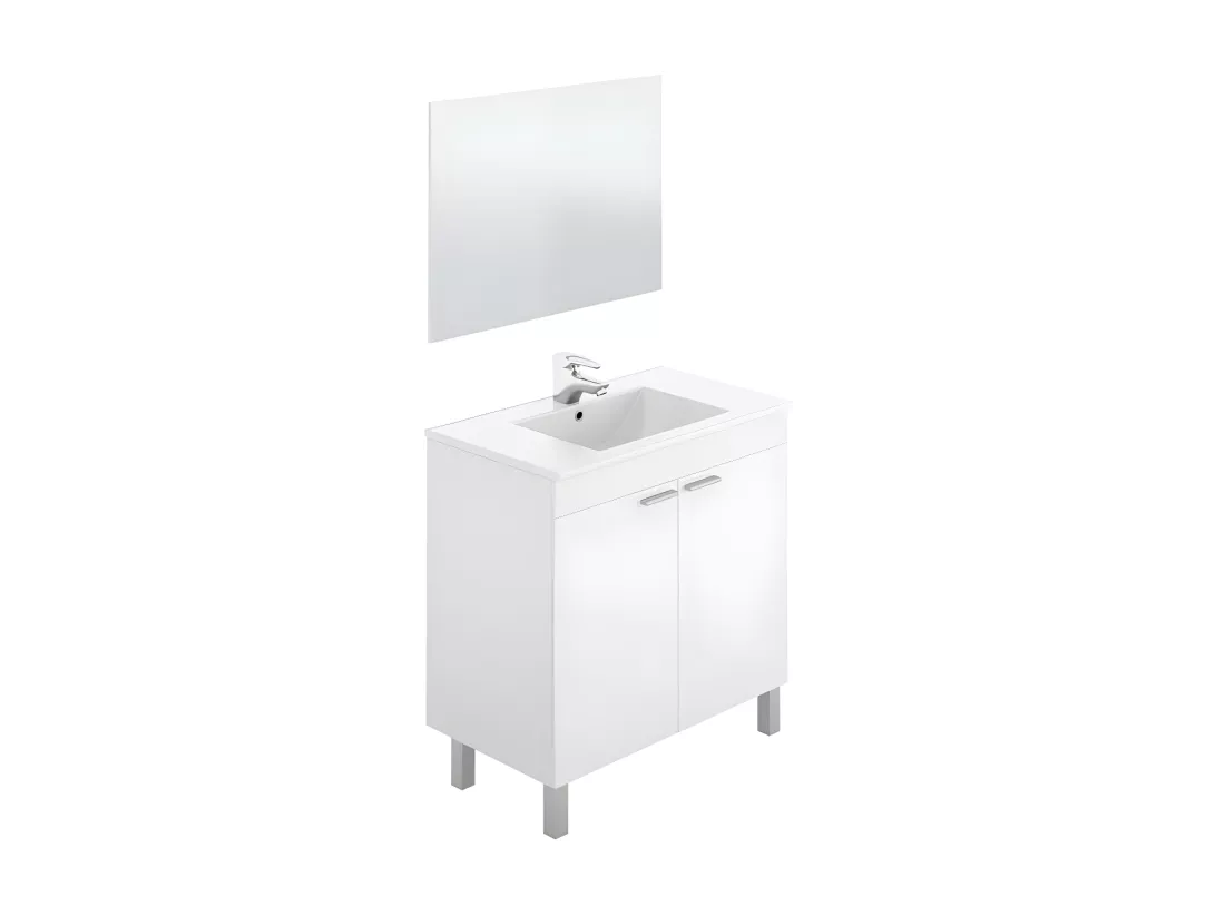 Meuble sous vasque 2 portes 80 cm + vasque + miroir Blanc - TICLY
