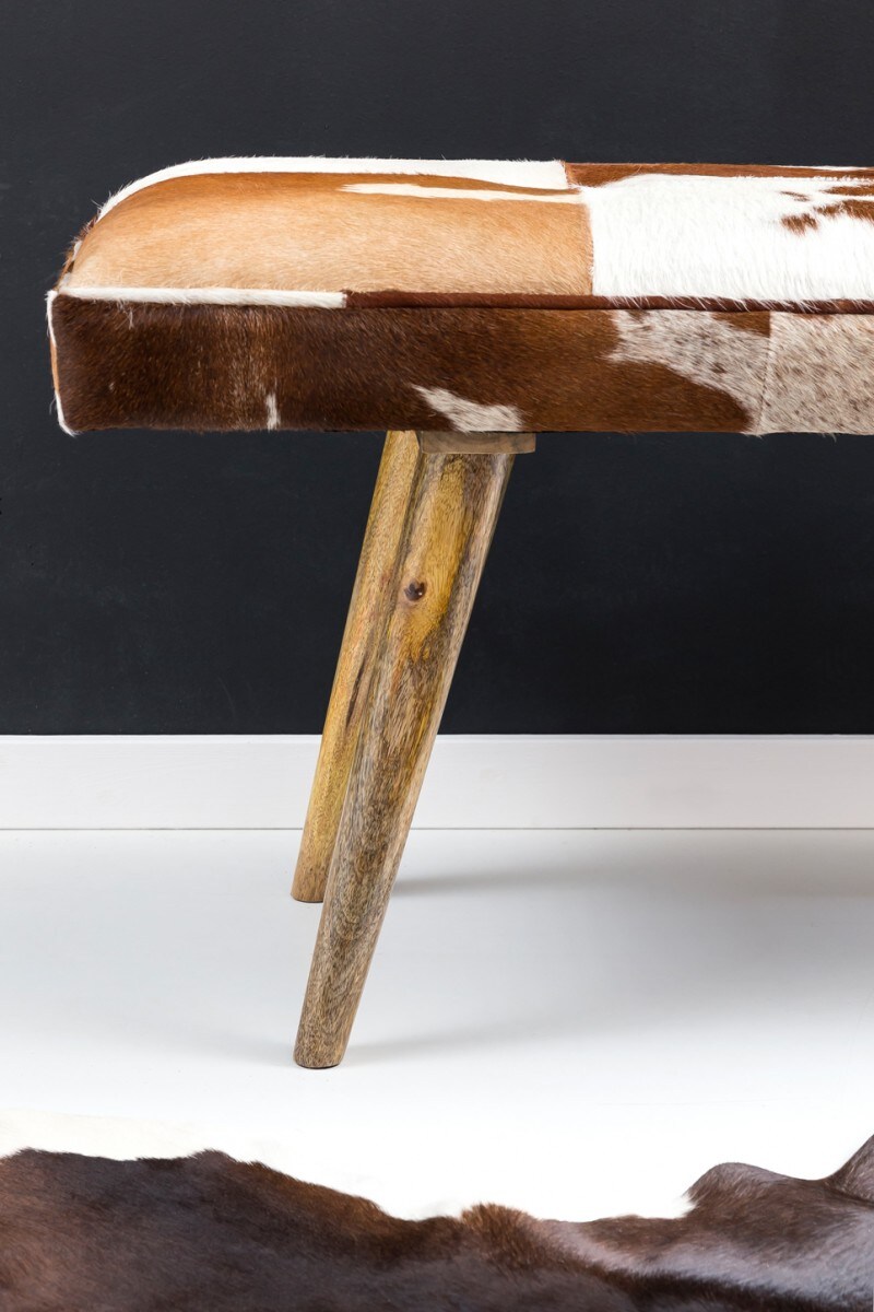 KADIMA DESIGN Sitzbank im Landhausstil mit Ziegenfellüberzug, echtes Leder, Mango Holz, 220 kg Belastbarkeit