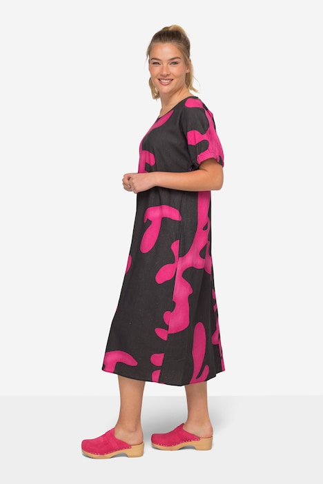 Leinenmix-Kleid, A-Line, Korallen, Rundhals, Halbarm