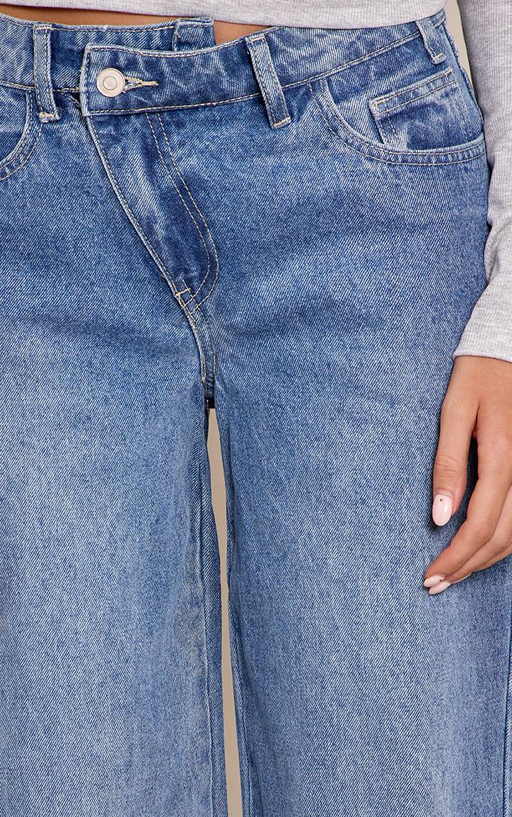 Mid Blue Wash Jean Large Bleu Moyen À Taille Asymétrique