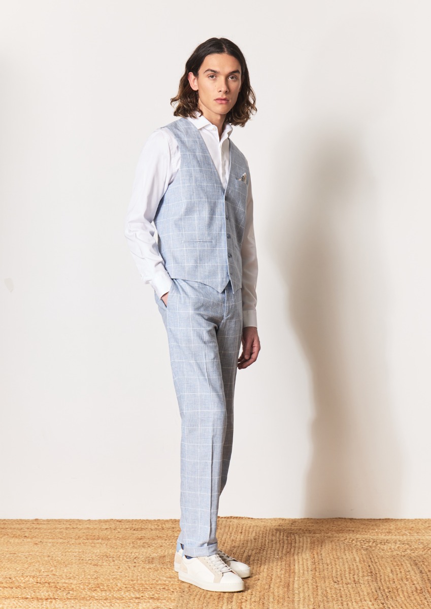 Pantalon coordonnable Skinny en lin et coton bleus Prince de Galles