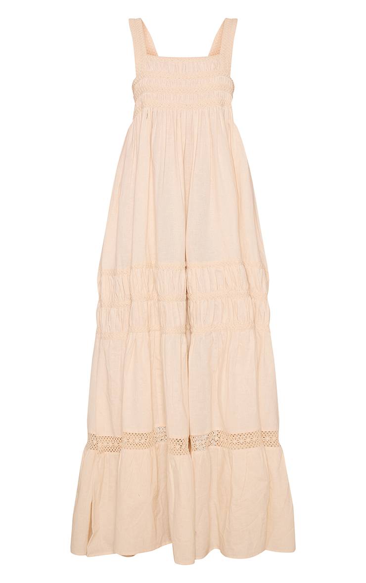 Naturel Robe Longue À Détails Brodés Effet Lin