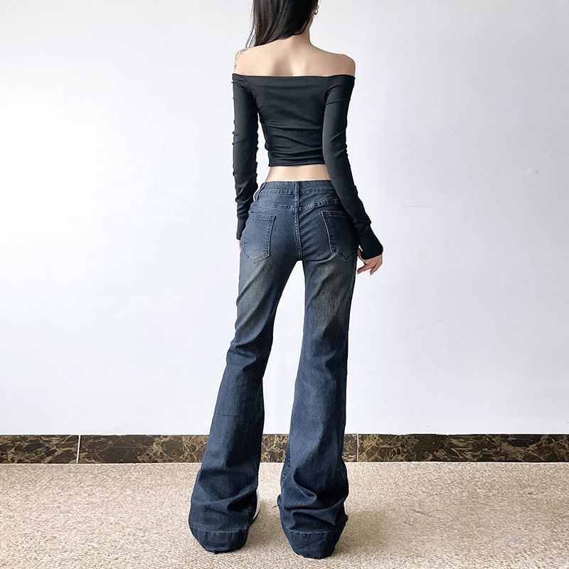 PolkaBella - Lage taille distressed gewassen bootcut jeans