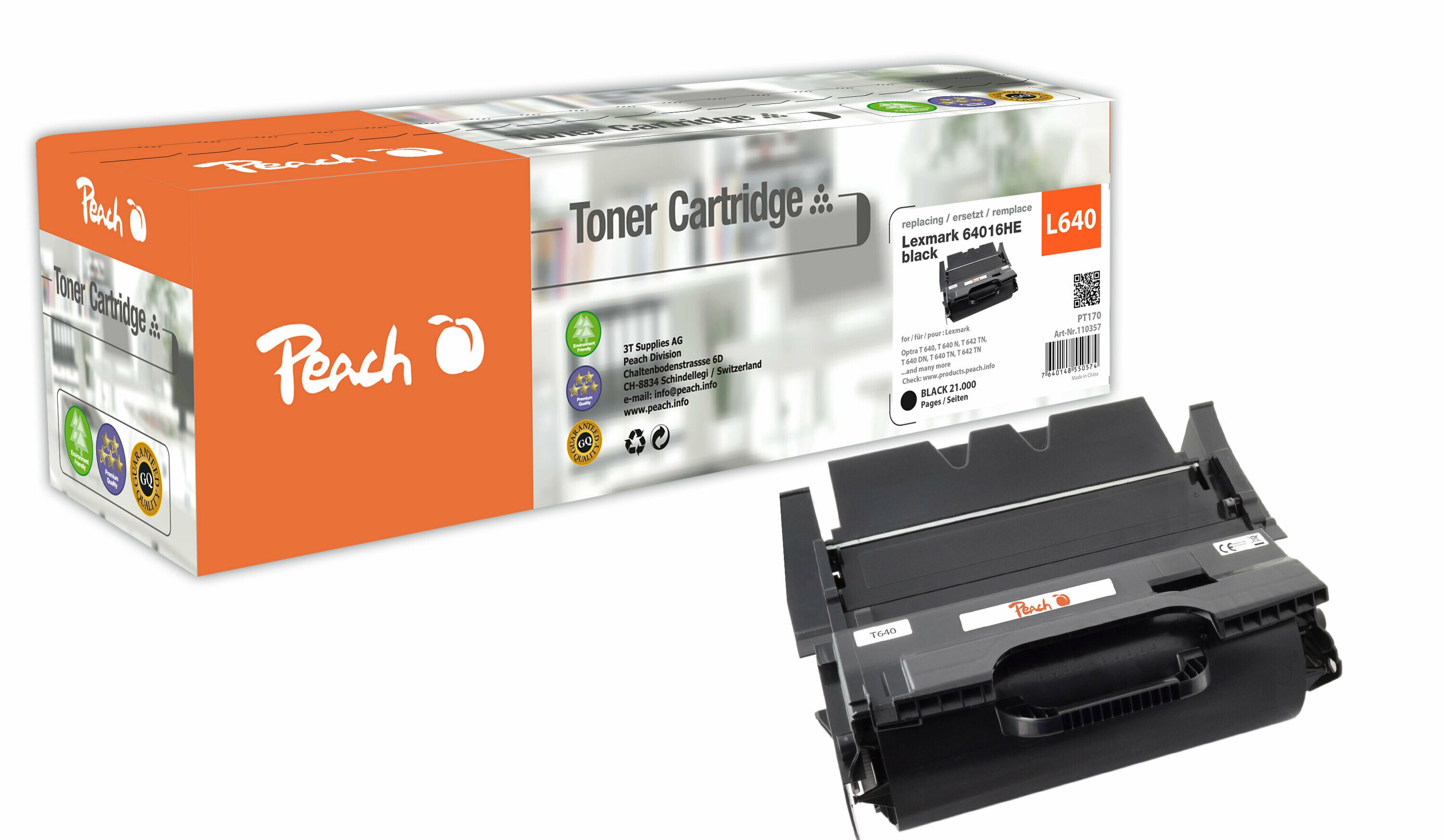 Peach L64 XBK Toner bk ersetzt Lexmark No. 64XBK, 64016HE für z.B. Lexmark Optra T 640, Lexmark Optra T 640 DN, Lexmark Optra T 640 DTN (wiederaufbereitet)