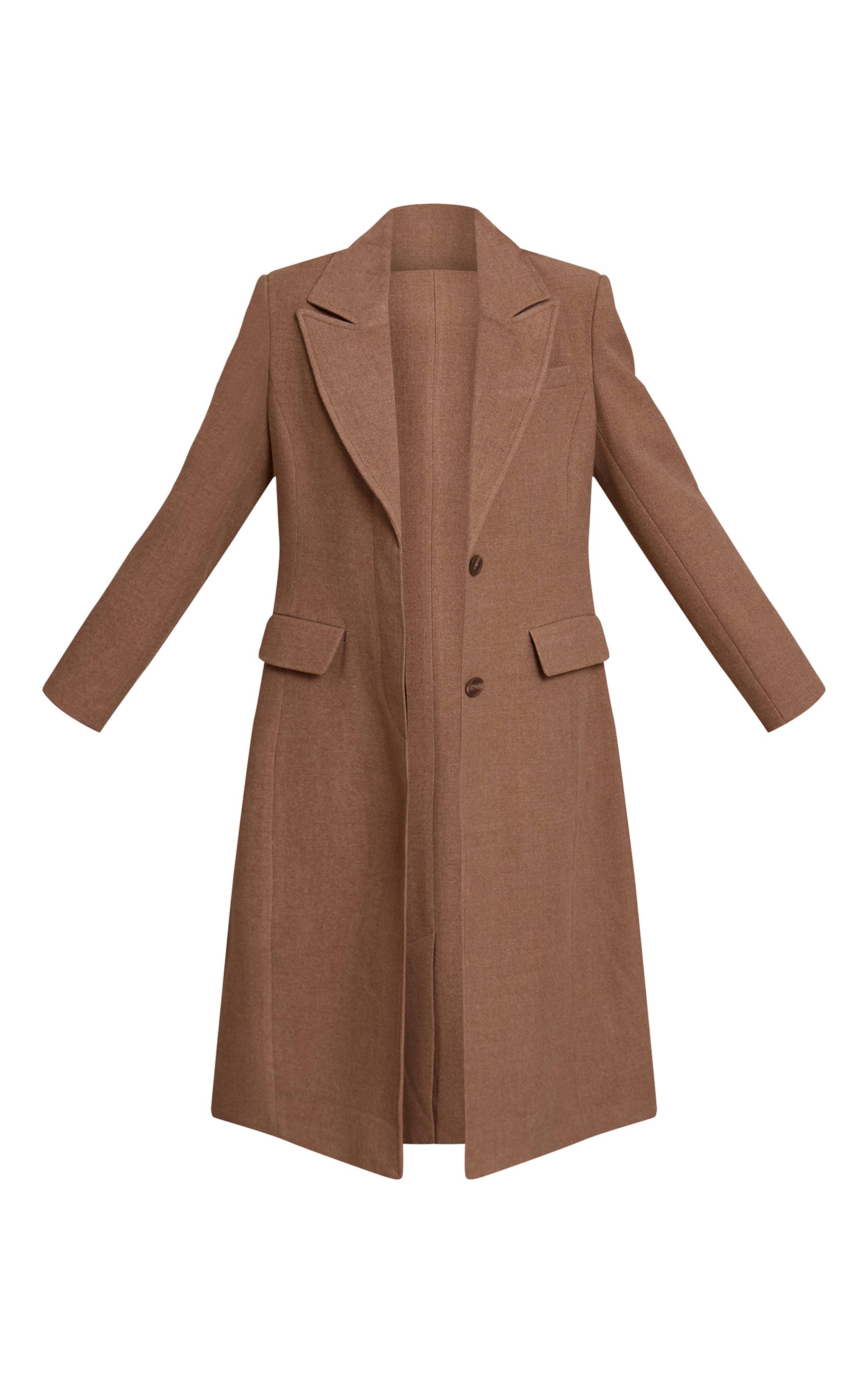 Taupe Manteau Long À Carreaux Aspect Laine Avec Détails De Coutures Et Boutonnage Simple