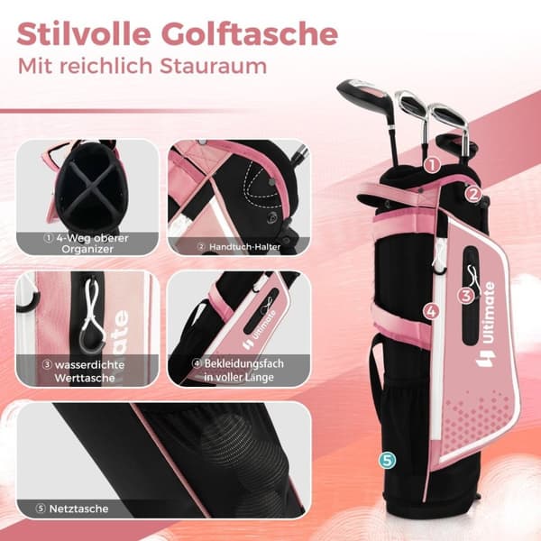 4-delt barnegolfkøllesett med golfbag og regntrekk for barn i alderen 5-7 år, rosa