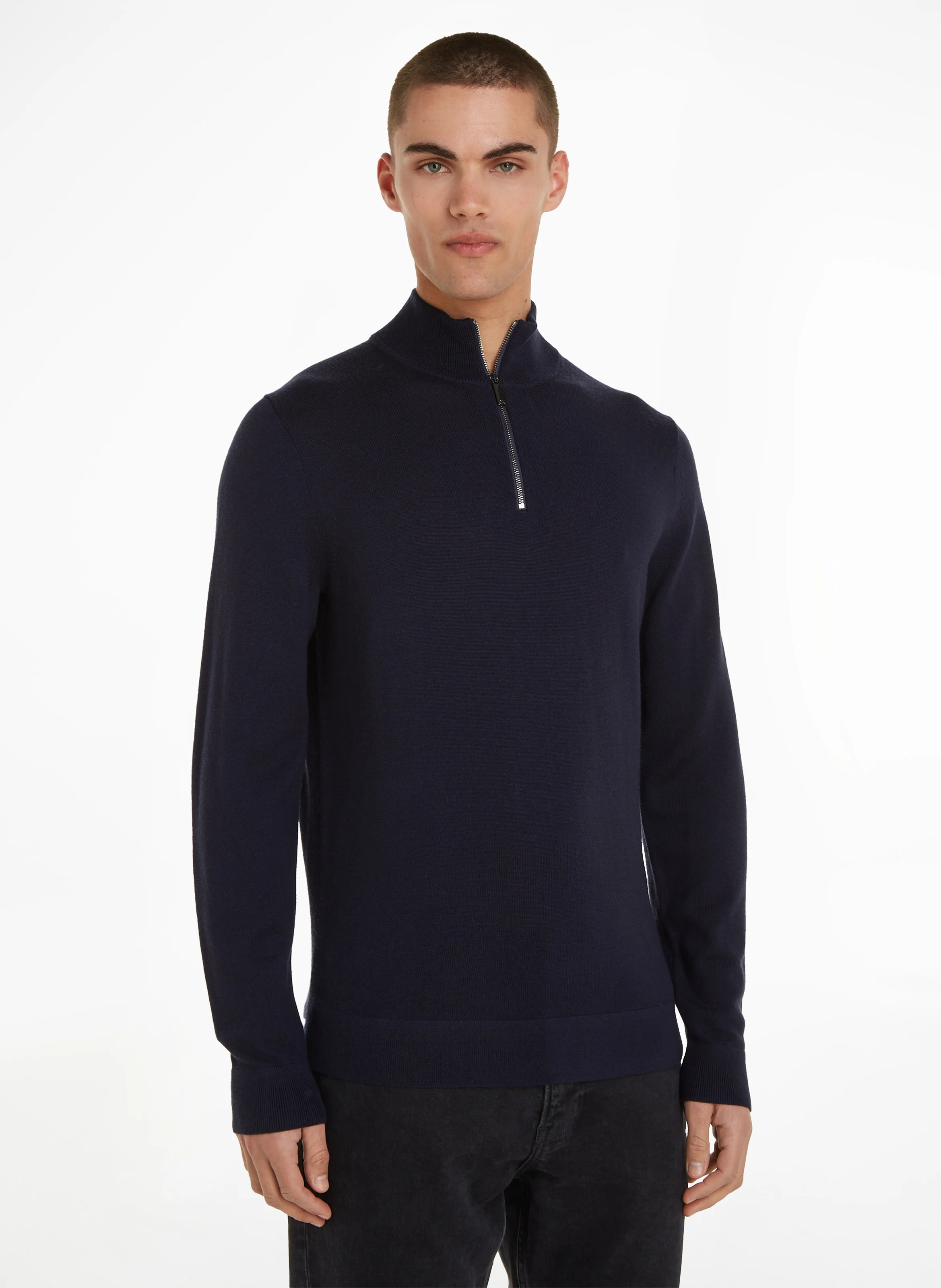 Pull col montant regular-fit brodé en laine | Bleu