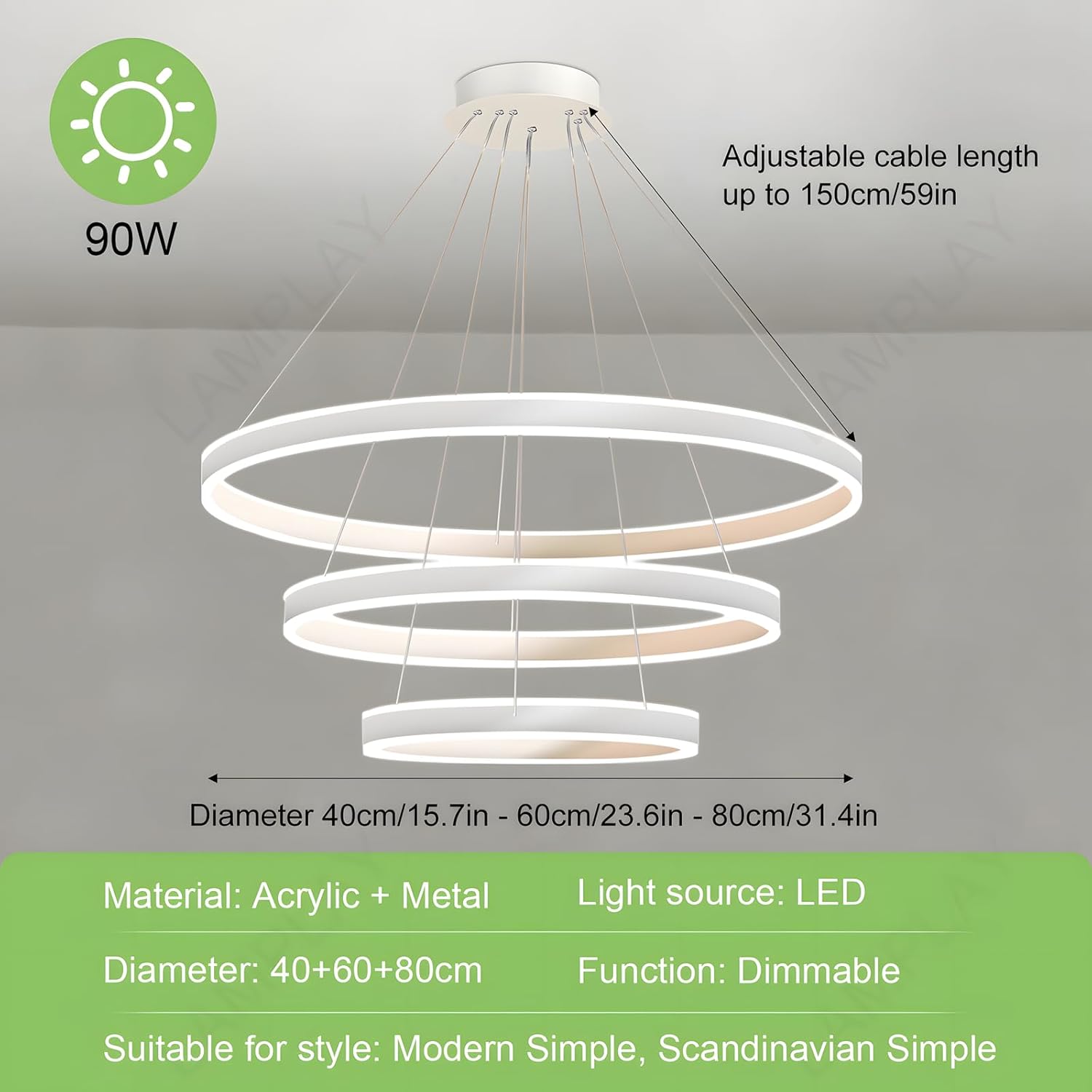 Runde Moderne LED-Pendelleuchte, 3 Weiß Ring-Kronleuchter, Dimmbar Mit Fernbedienung 3000K-6000K Deckenleuchte, Höhenverstellbar, Foyer, Wohnzimmer, Schlafzimmer, Esszimmer(Ø40+60+80cm)