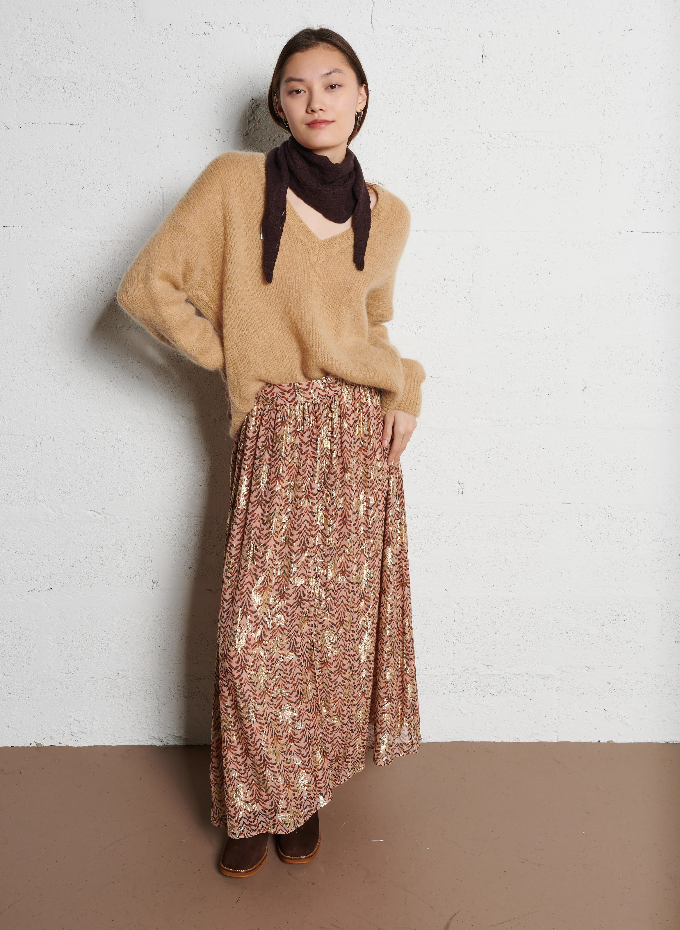 JOAN - Jupe midi fendue à imprimé lurex | Beige