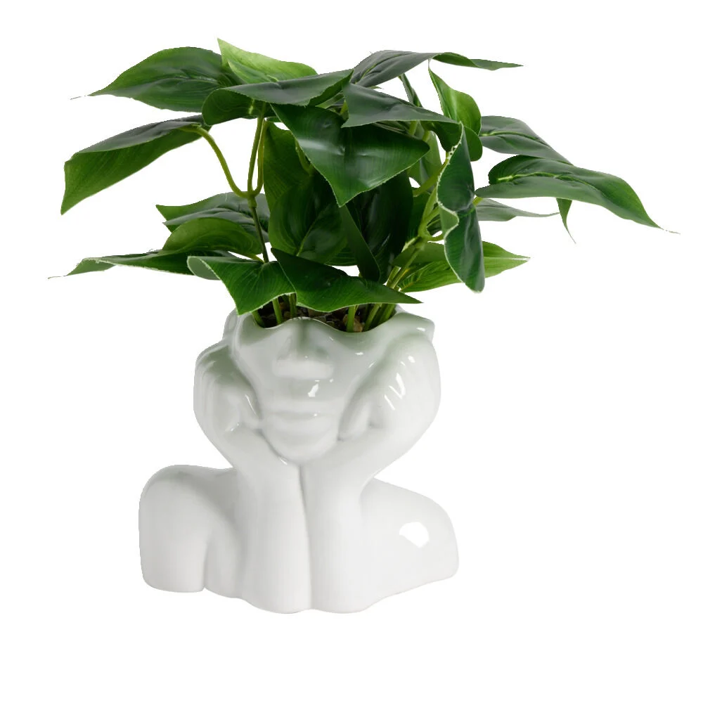 Pot en céramique visage blanc avec plante verte artificielle 14x9xH25cm