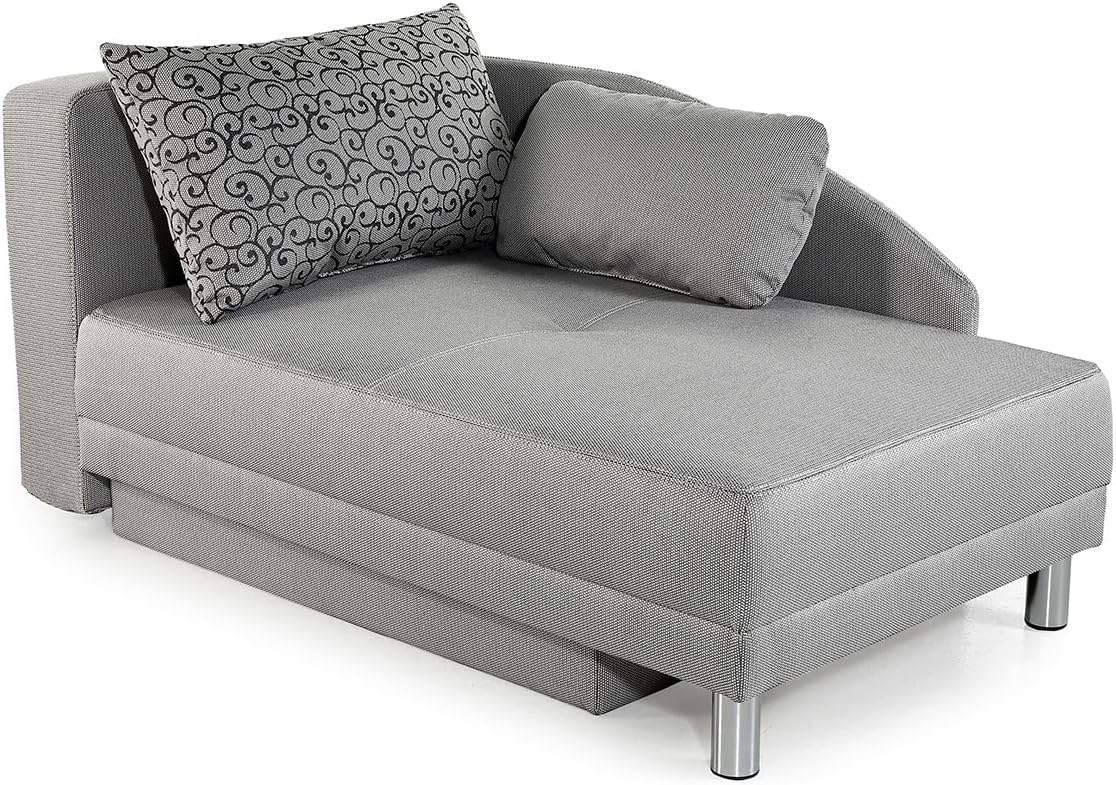 Stilvolle Recamiere mit Schlaffunktion und Bettkasten, B149/T90/H80 cm, Federkernpolsterung, ausziehbar zur Liegefläche von 200 x 84 cm, Stoff Flachgewebe in Hell Grau / 15122