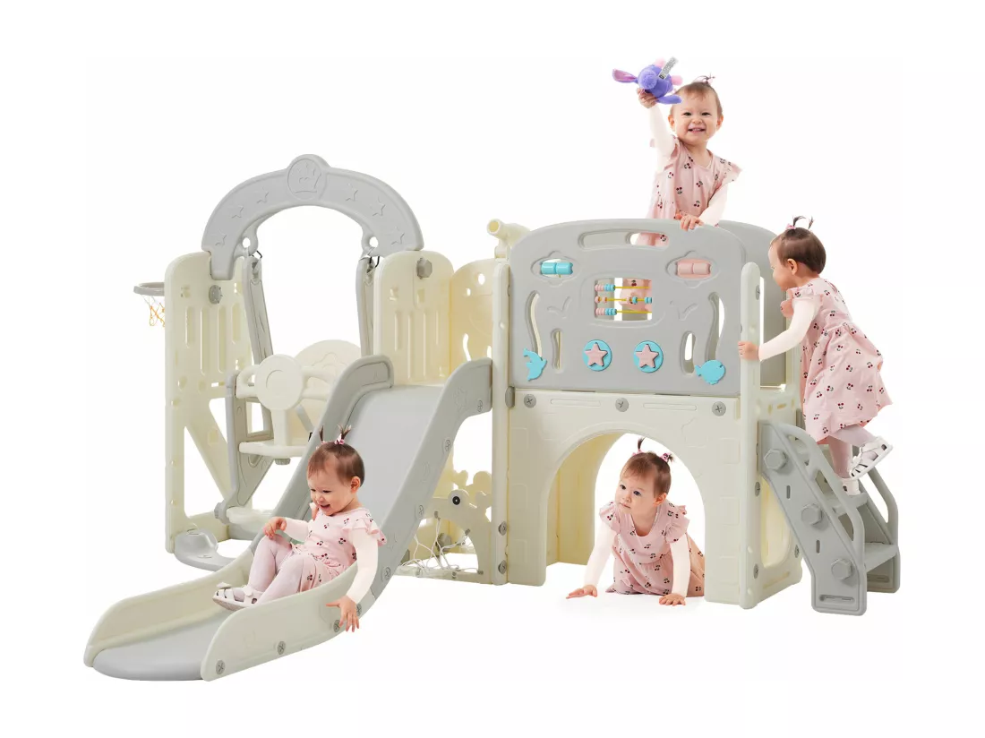 Ensemble balançoire de jeux pour enfants 10 en 1 - 232 x 181 x 116cm - en matériel HDPE - avec toboggan - Gris