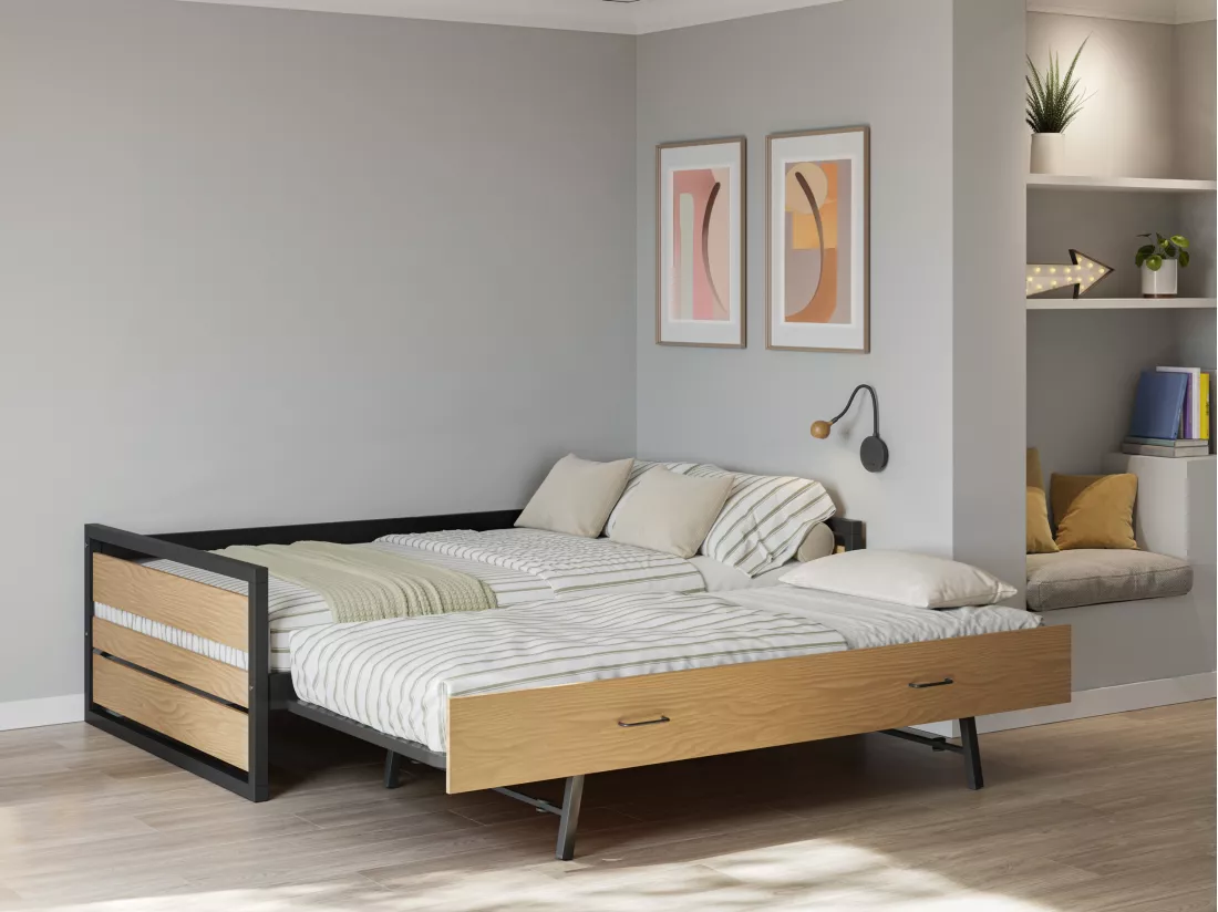 Lit gigogne 120 x 200 et 90 x 200 cm - MDF, Pin et métal - Naturel et anthracite - BOSTON