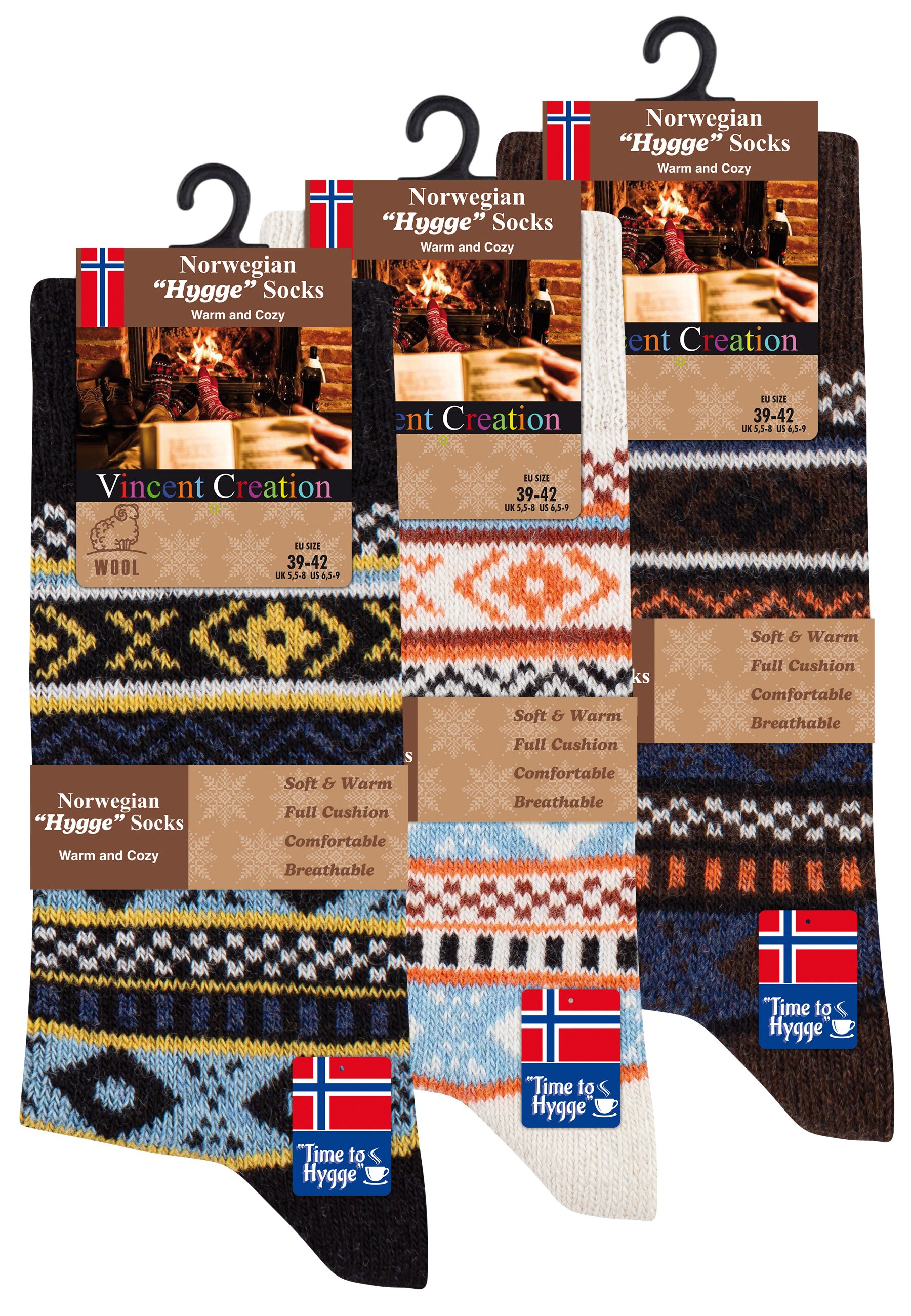 Vincent Creation® 3 Paar Bunte Norwegersocken Hygge Socken