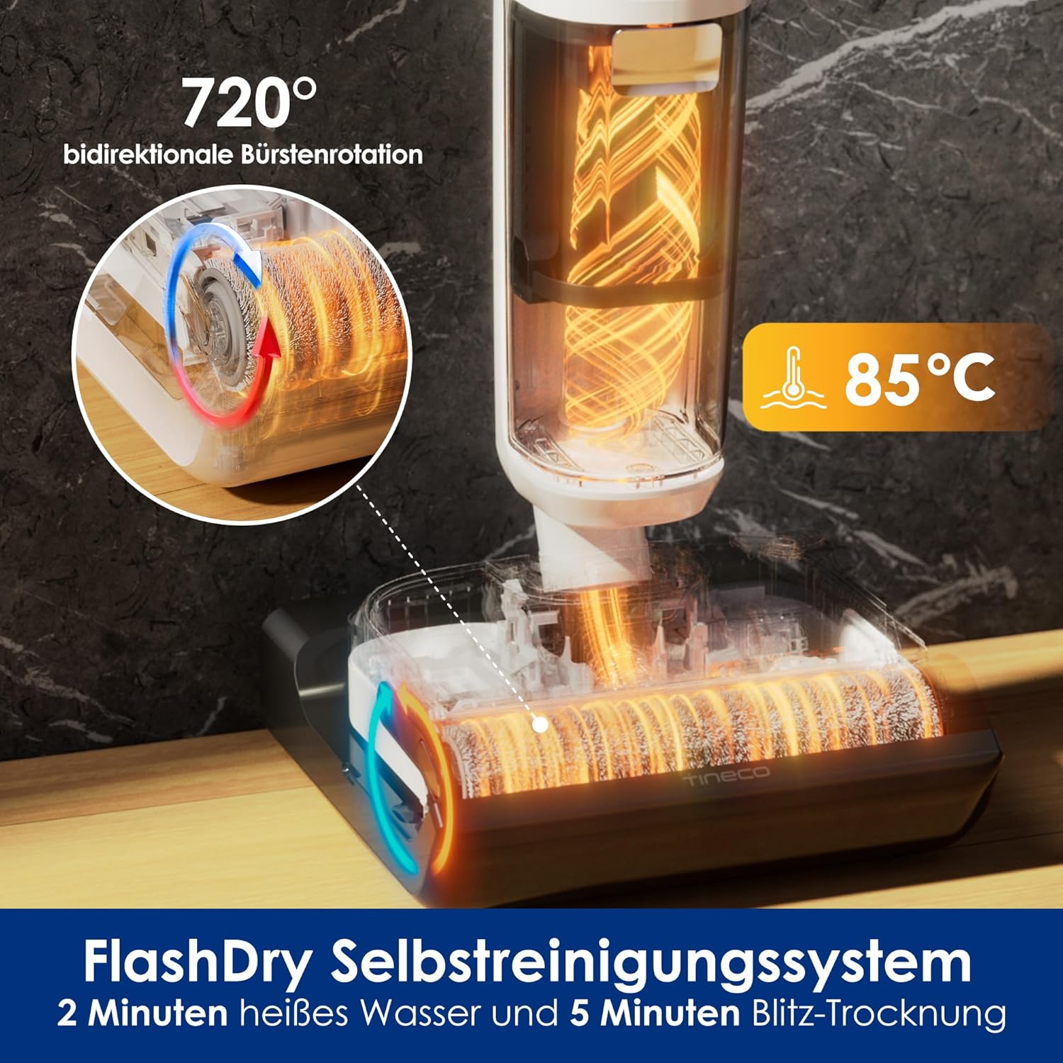 Tineco Floor One Stretch S6 Nass Trockensauger, 180°-Flachdesign Saugwischer 13cm Liegehöhe, 85°C 5min FlashDry Selbstreinigung, 3-Seitige Kantenreinigung 40min Laufzeit Reinigung unter tiefen Möbeln