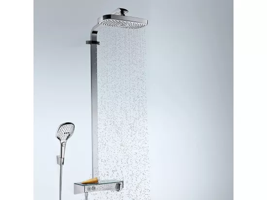 Colonne de douche thermostatique HANSGROHE Raindance Select E 300 EcoSmart avec mitigeur 30 cm chromé + tablette AddStoris