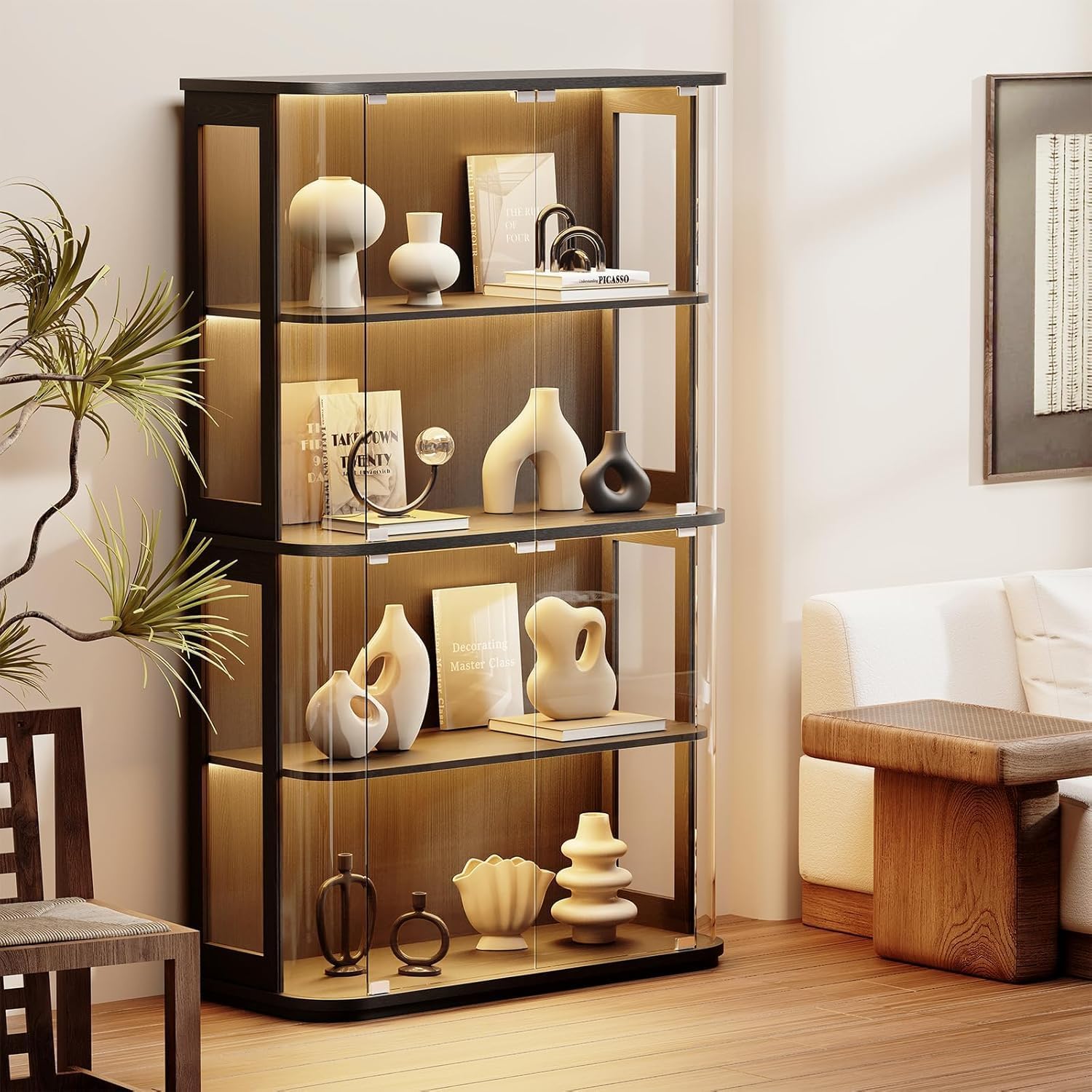 Große Glasvitrine Stehend Mit Rundbogen-Glastür, 4-Stöckiger Vitrine Mit 3-Farb-LED-Beleuchtung & Bewegungssensor, Vitrinenschrank Sammlervitrine Für Wohnzimmer, Schwarz