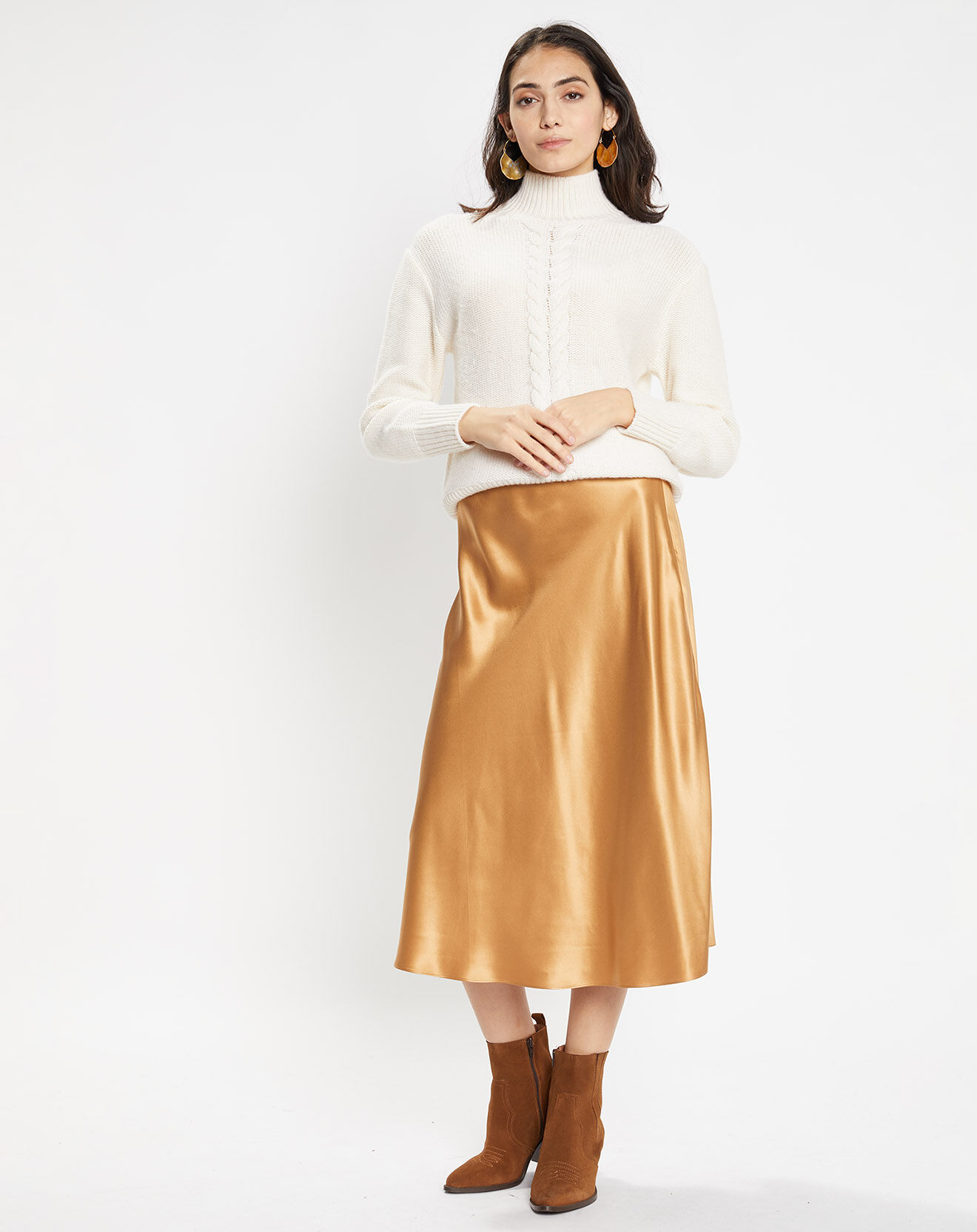 Galeries Lafayette Jupe mi-longue 100% Soie Delta beige doré