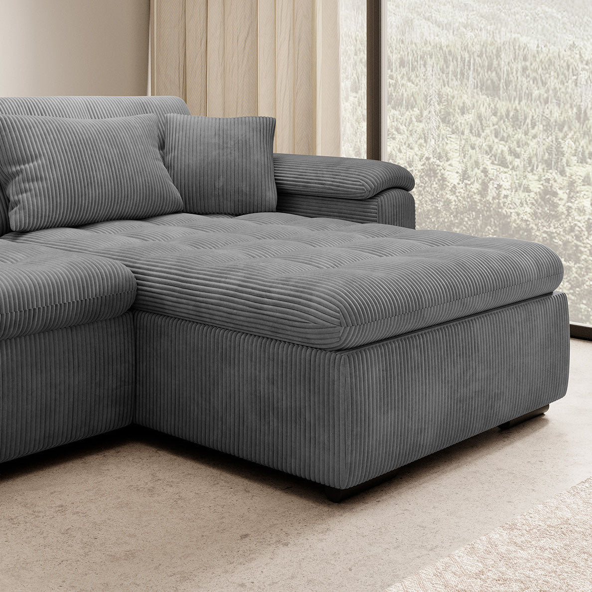 Nicoreta - Hoekbank 5-zits met chaise longue - Ribstof donkergrijs - Rechts