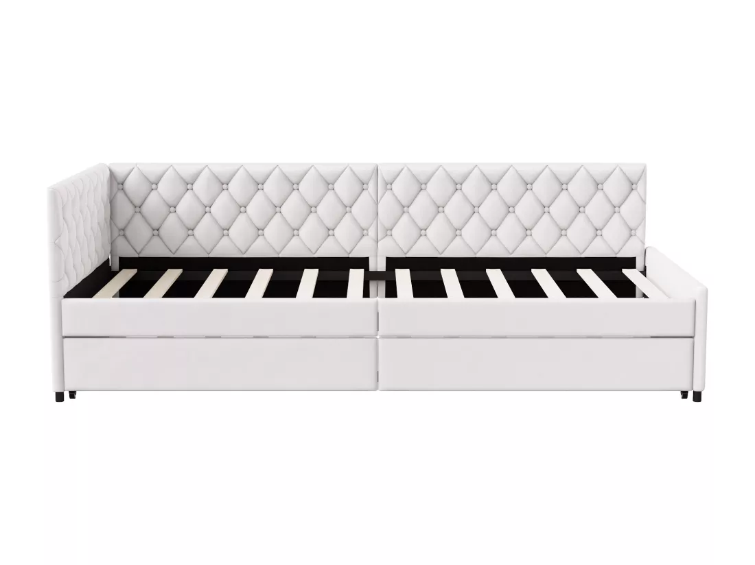 Lit gigogne 90x200cm - Canapé-lit rembourré, tissu en lin, avec sommier à lattes, sans matelas - Beige
