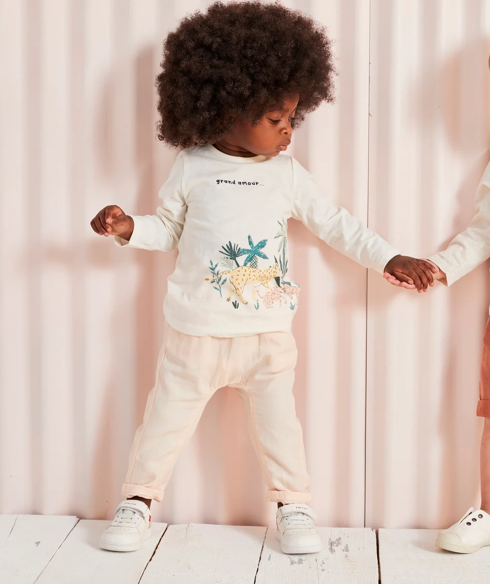 PANTALON FLUIDE BÉBÉ FILLE ROSE EN TENCEL ET LIN