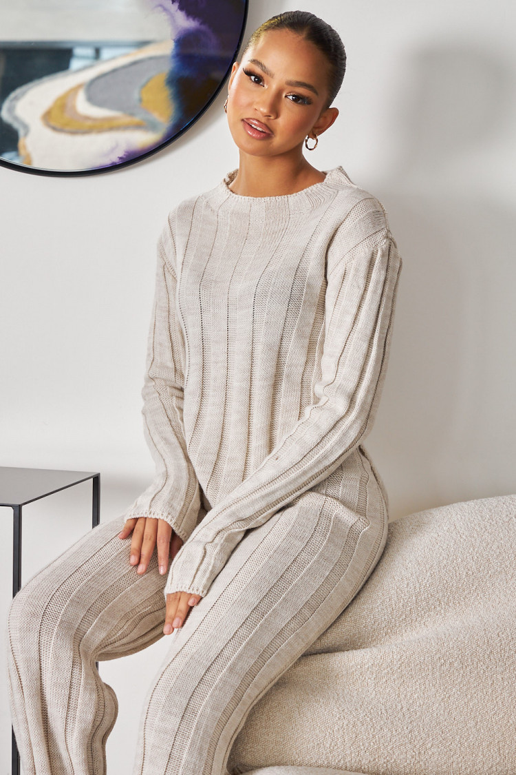 Ensemble 2 pièces pull + pantalon en maille beige