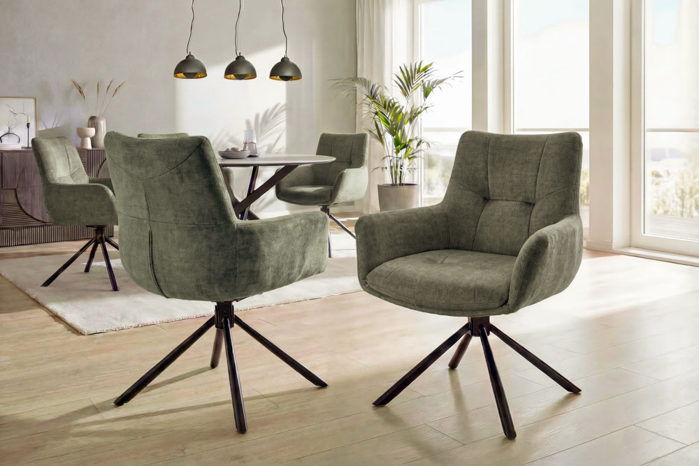 Drehbarer Design Stuhl SIGNATURE moosgrün Samt 360° Taschenfederkern schwarz Metall