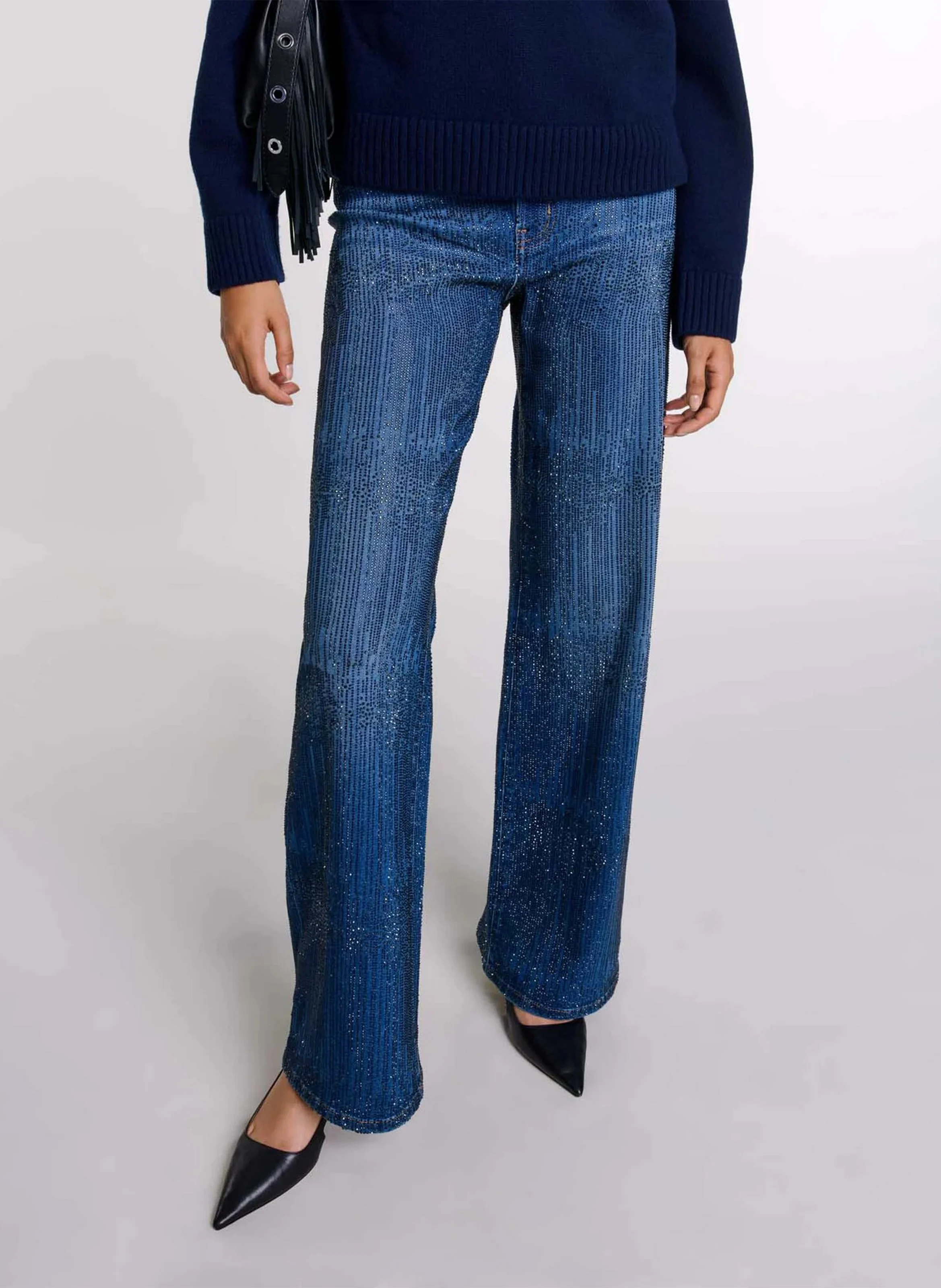 Jean large strassé en coton mélangé | Bleu