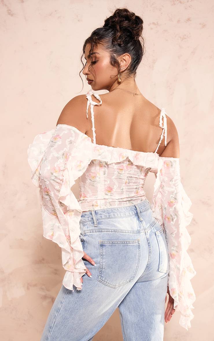 Rose Bébé Top Bardot À Volants Avec Appliqués Floraux Et Fermeture À Crochets
