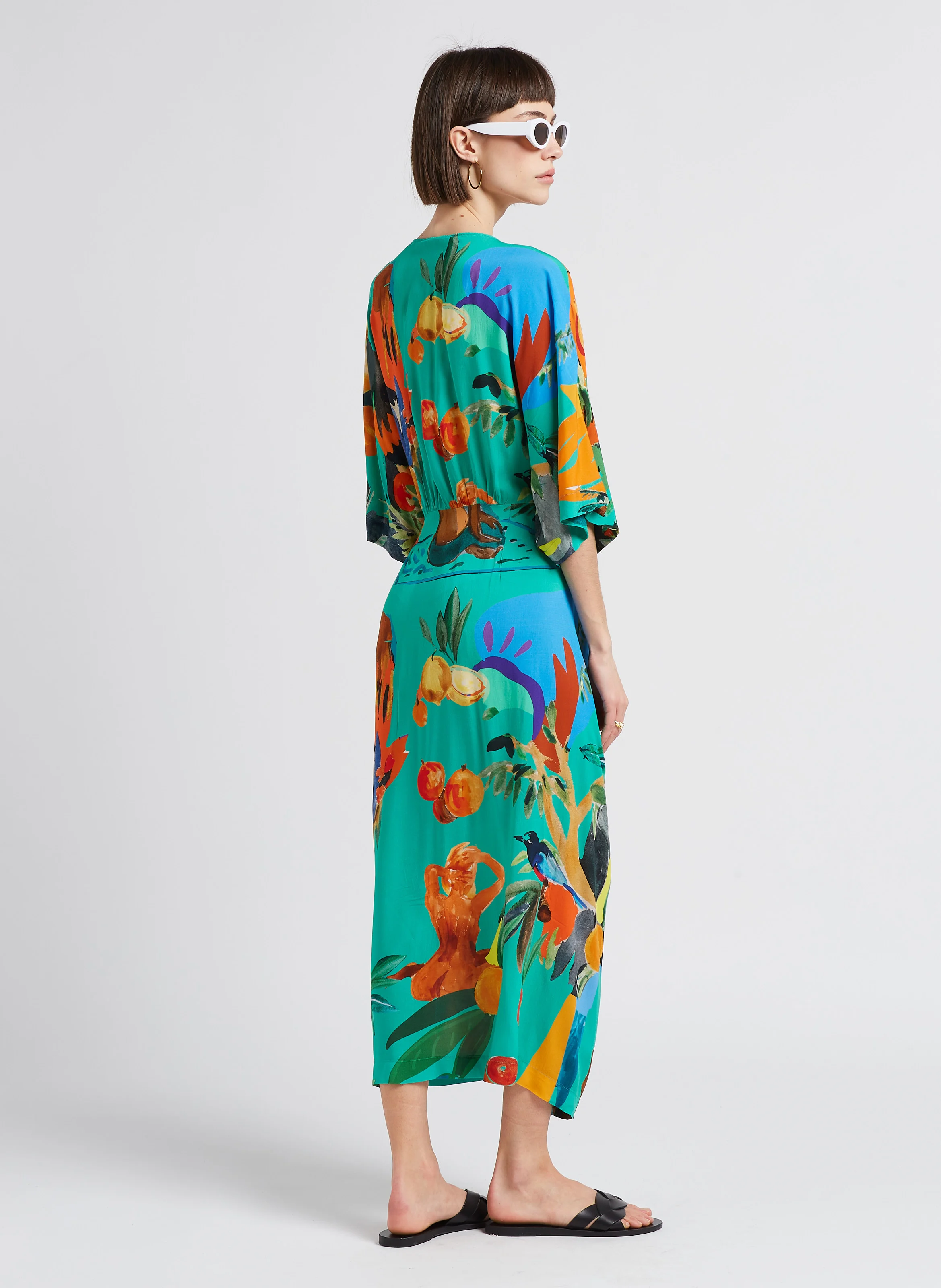 PARAISO - Robe longue col V imprimé tropical | Vert