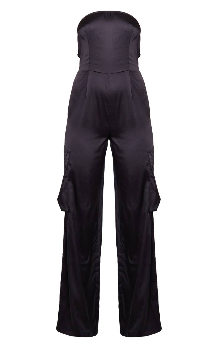 Noir Combinaison Cargo Évasée Bustier En Satin