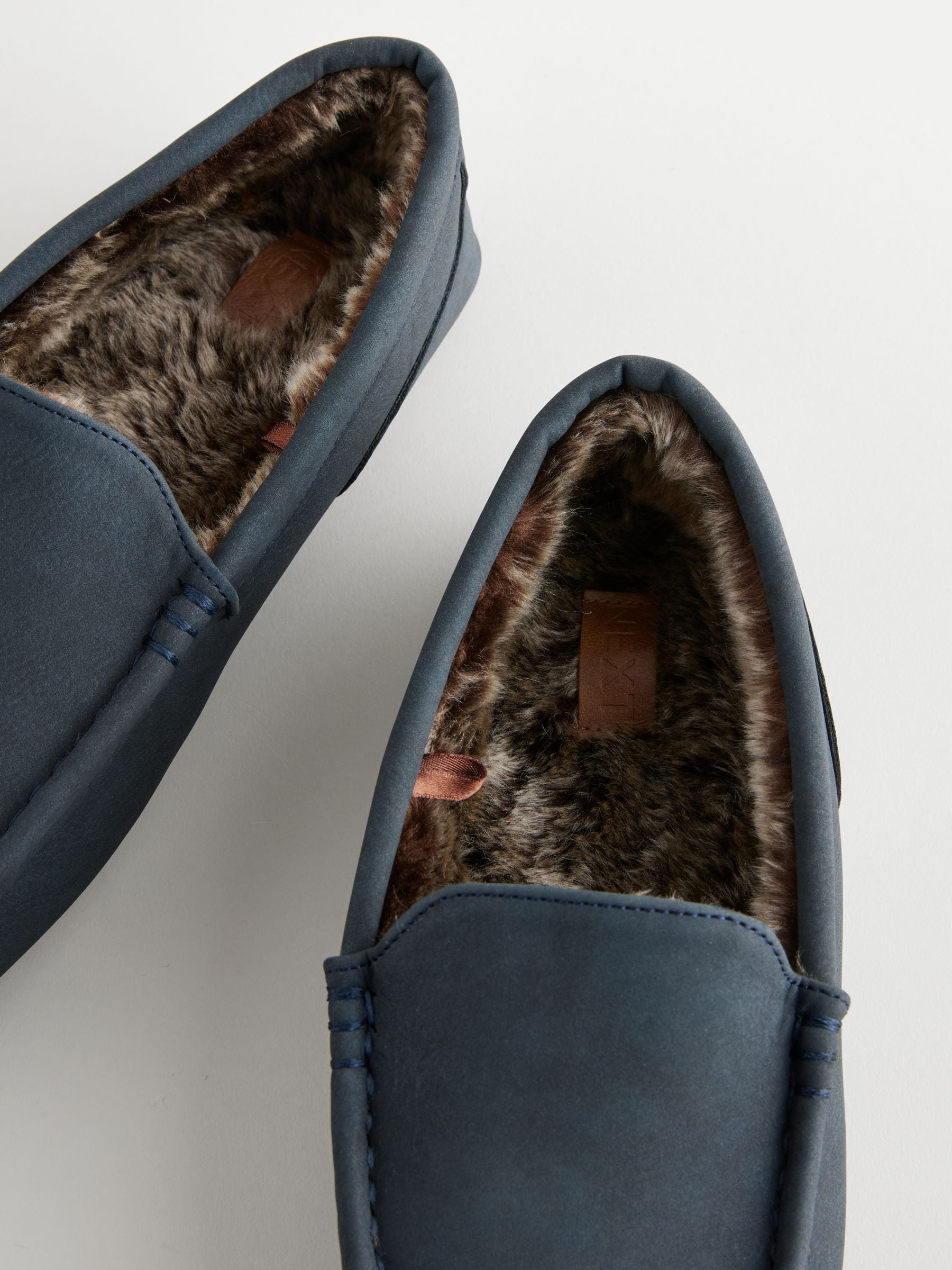 Donkerblauw - Moccasinpantoffels met voering van imitatiebont
