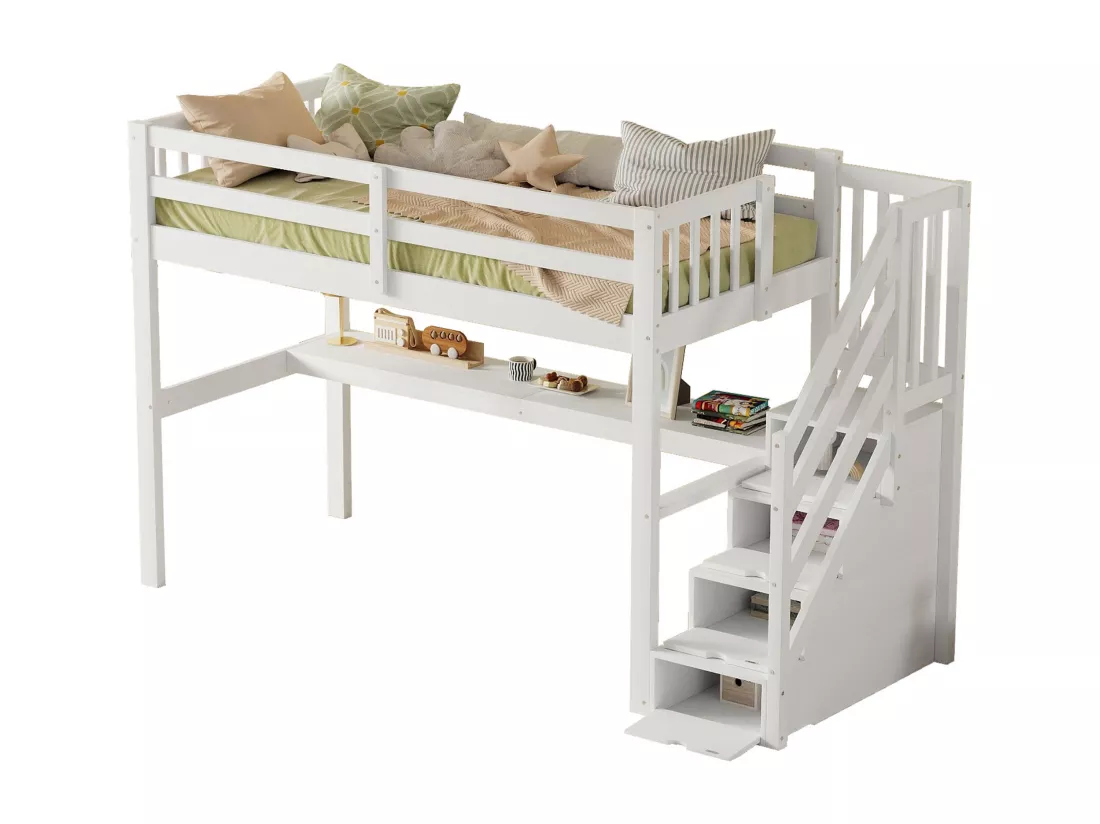 Lit mezzanine en bois de pin - 90x200cm - avec escalier de rangement et bureau - avec sommier à lattes - Blanc