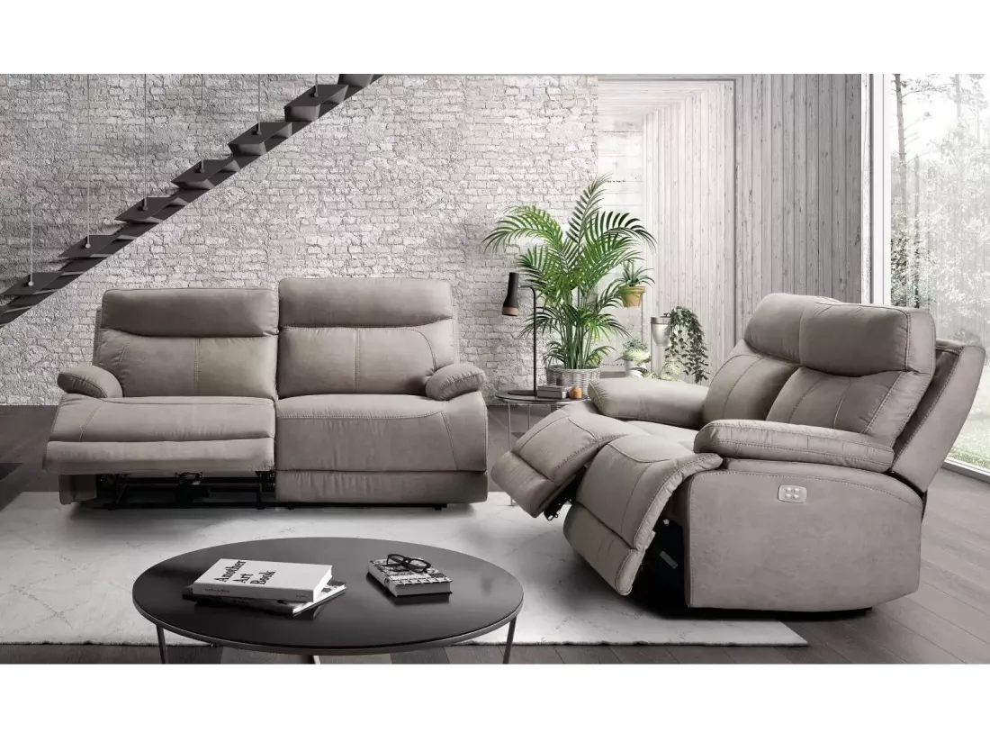 Canapé de relaxation électrique en microfibre Ducka-Couleur Beige-Système Electrique-3 places